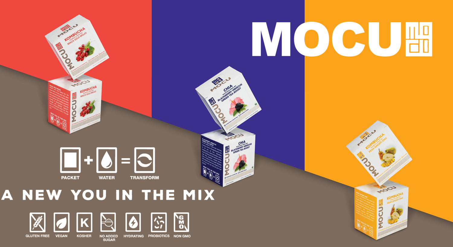 MOCU Health Drink Mixes, Kombucha and Chia, A new you in the mix. Gluten Free, Vegan, Kosher, NO sugar added, Hydrating, Probiotics, Non-GMO