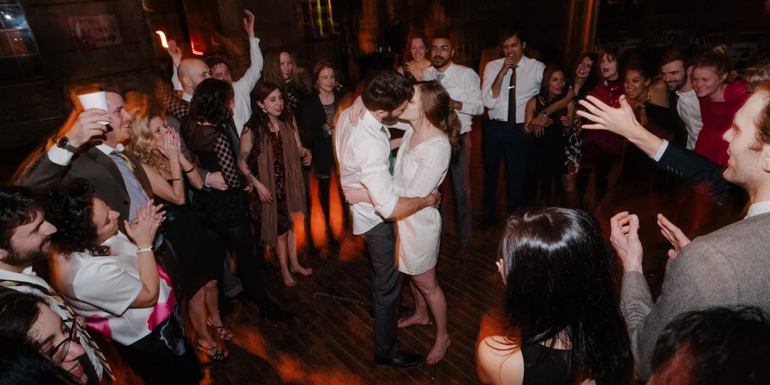 The deets: Venue: Brooklyn Loft Flowers: Sarah Gaskins Catering: Delaney BBQ Music: DJ James Mulry Lighting Design: Inbal Weinberg Officiant: Taylor Black Rings: Catbrid Dress: Jenny Lee Suit: J Crew