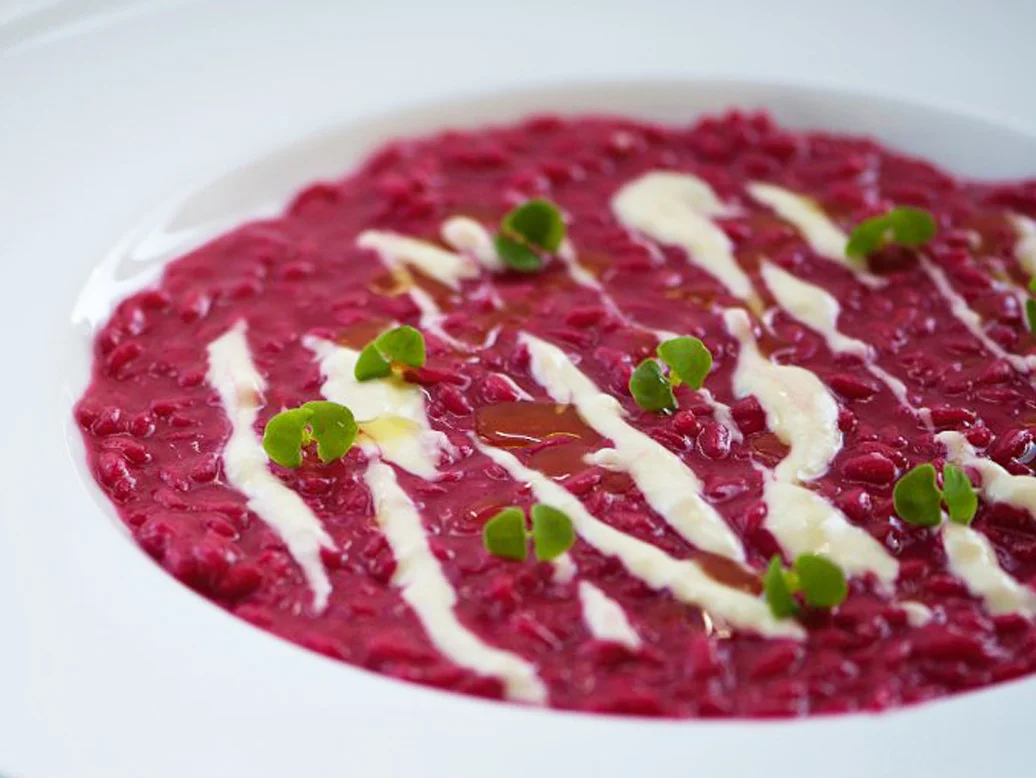 Risotto Rapa Rossa, a delicious beetroot risotto served with parmesan cream.