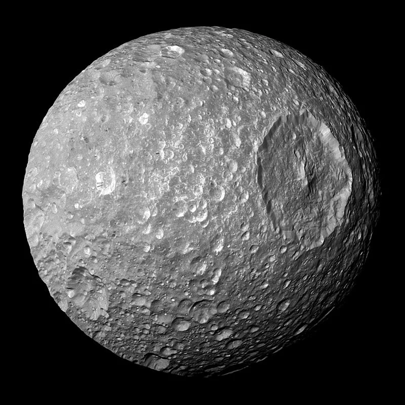 Saturn's moon Mimas, with the impact crater Herschel. 