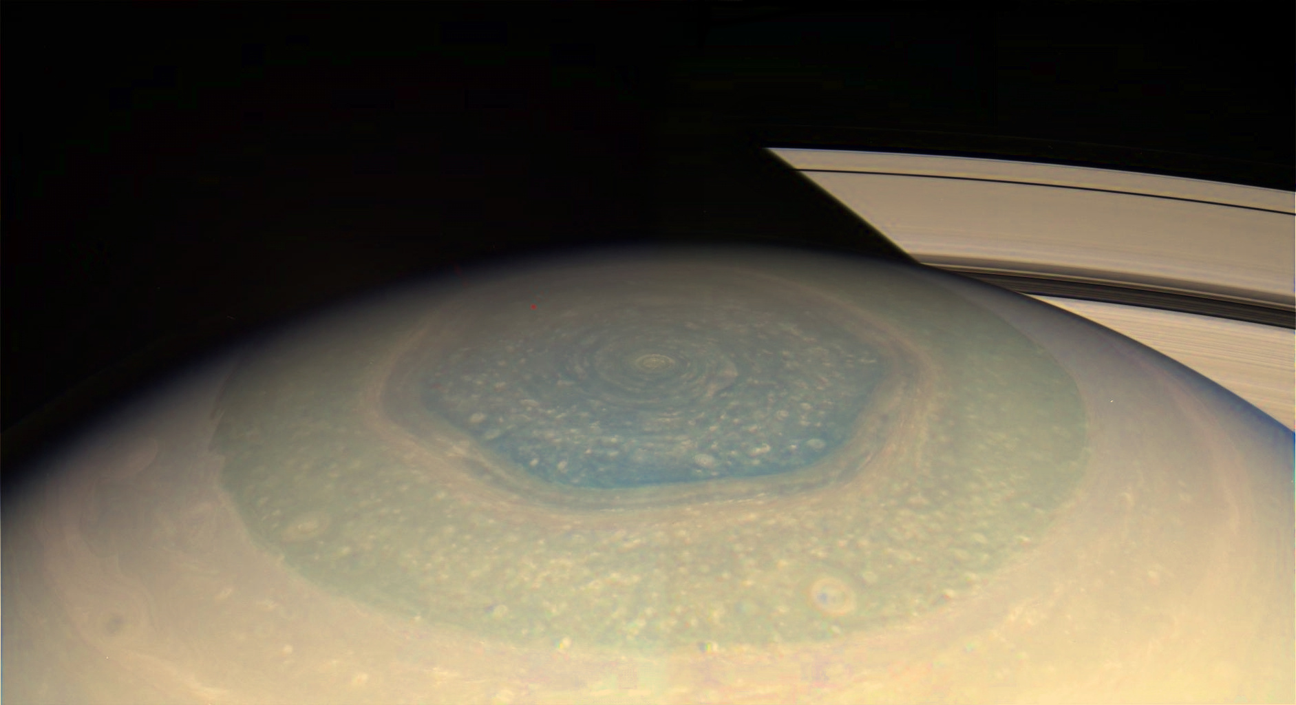 A hexagon storm at Saturn's north pole. Fluid dynamics at its best.
