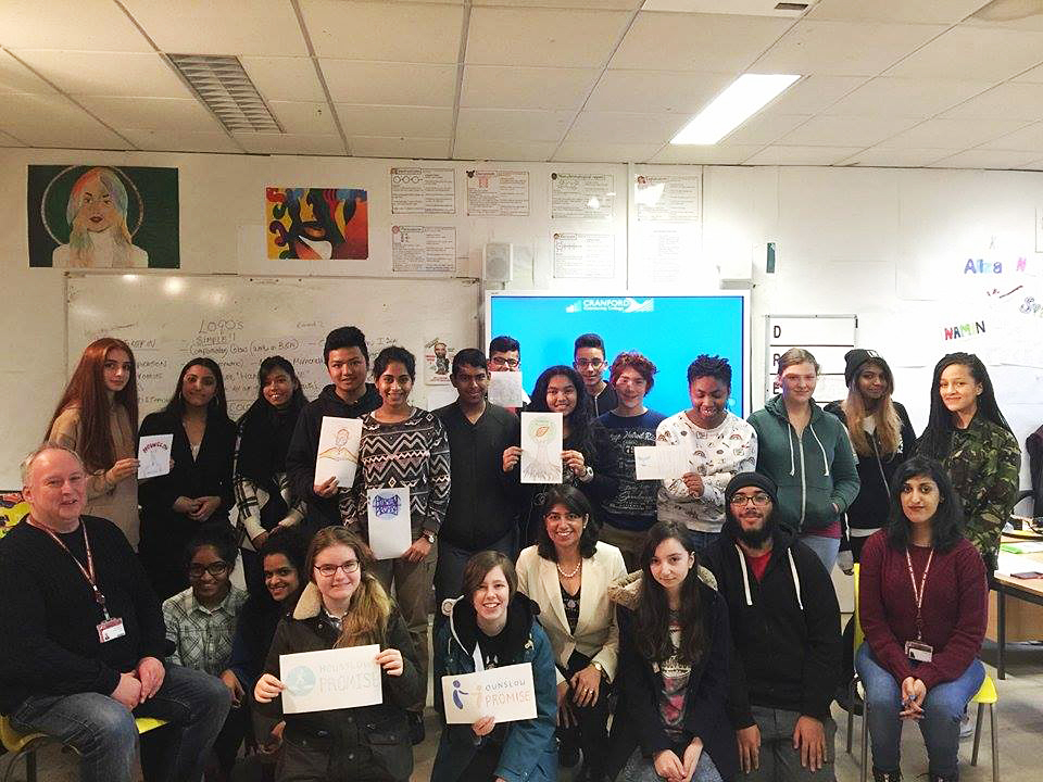 The National Saturday Art and Design Club (class of 2016-17) at Cranford designed the logo for Hounslow' Promise, a charity founded by Seema Malhotra MP. Photo: National Saturday Art and Design Club at Cranford Community College with Seema Malhotra MP (MP of Feltham and Heston in West London - centre of image), Alan Fraser (Assistant Headteacher and Chairman of the National Saturday Art and Design Club - far left) and Aminder Virdee (Artist and Workshop Leader/ Art Tutor - far right).