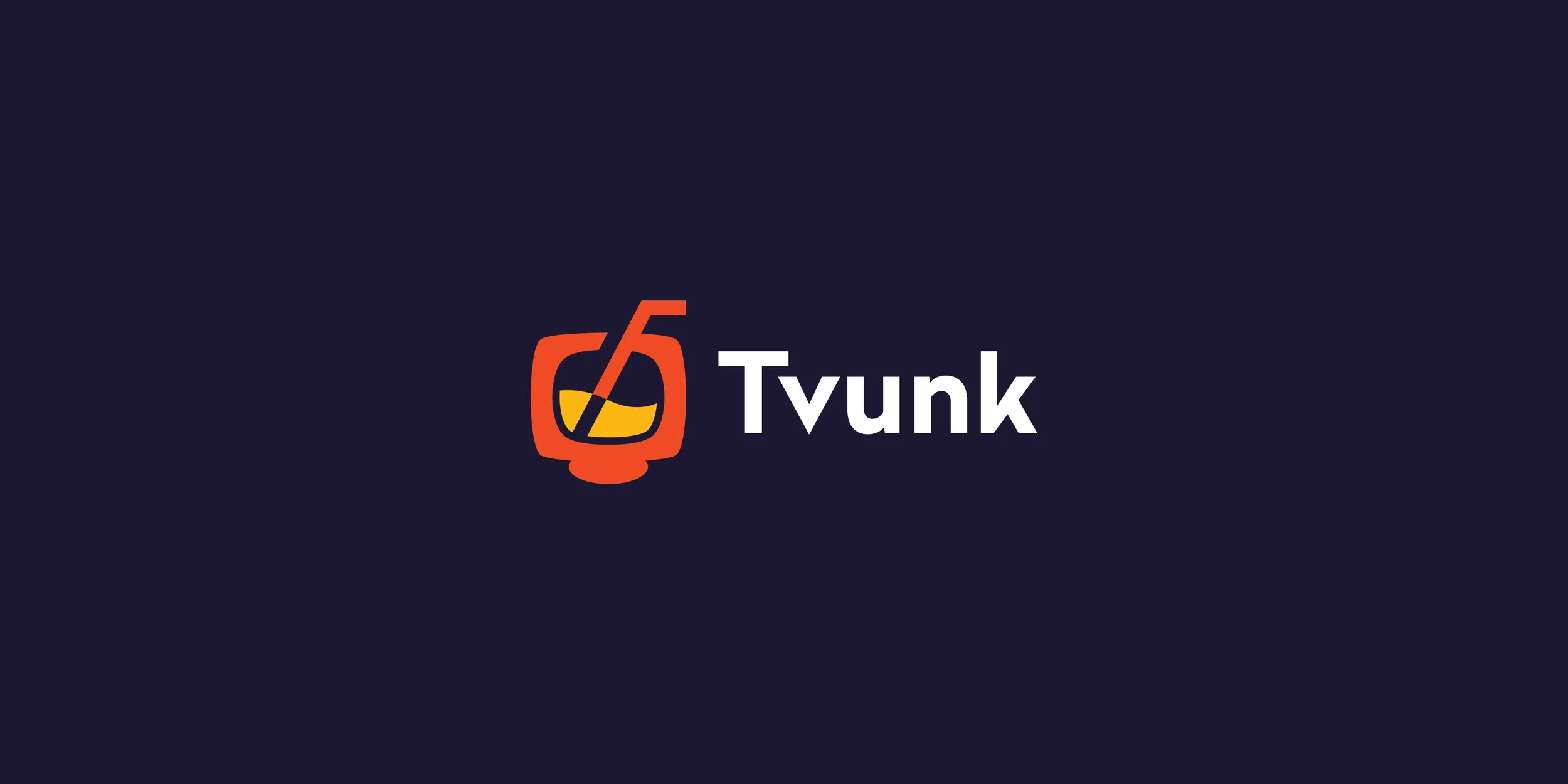 Tvunk logo design featuring a retro television, drink, and straw symbol in orange and yellow alongside a white wordmark on a dark purple background.
