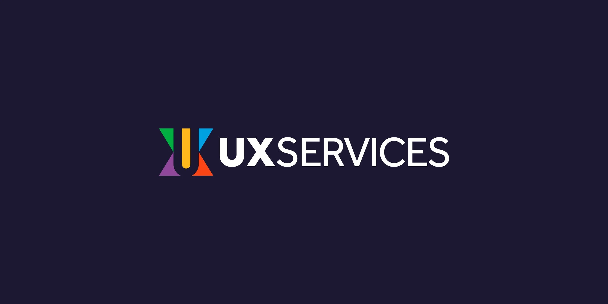 UXservices logo design featuring a colorful U and X symbol with a white wordmark on a dark navy background