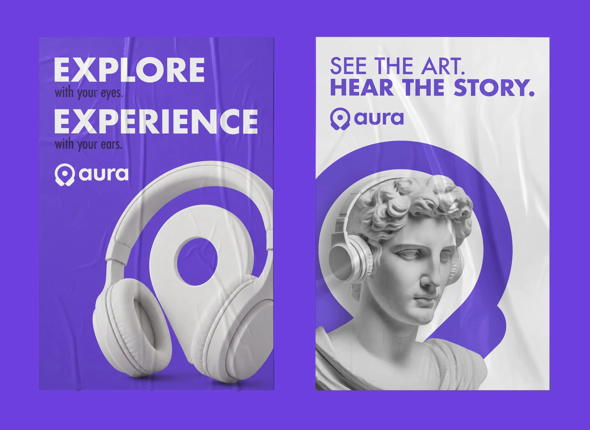 Aura museum audio guide poster designs featuring headphones and a classical sculpture