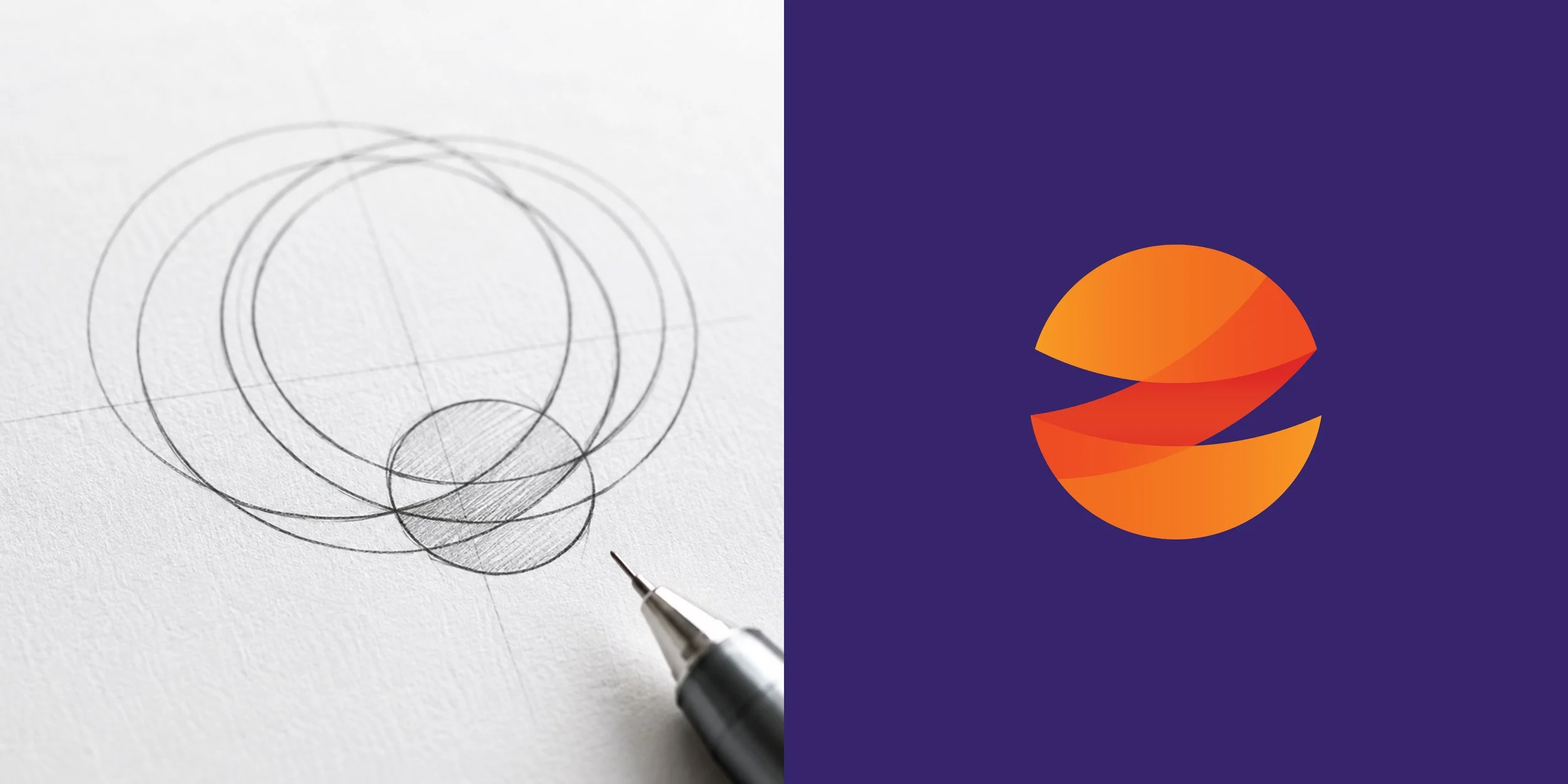 Zesty logo construction sketch paired with the final orange symbol