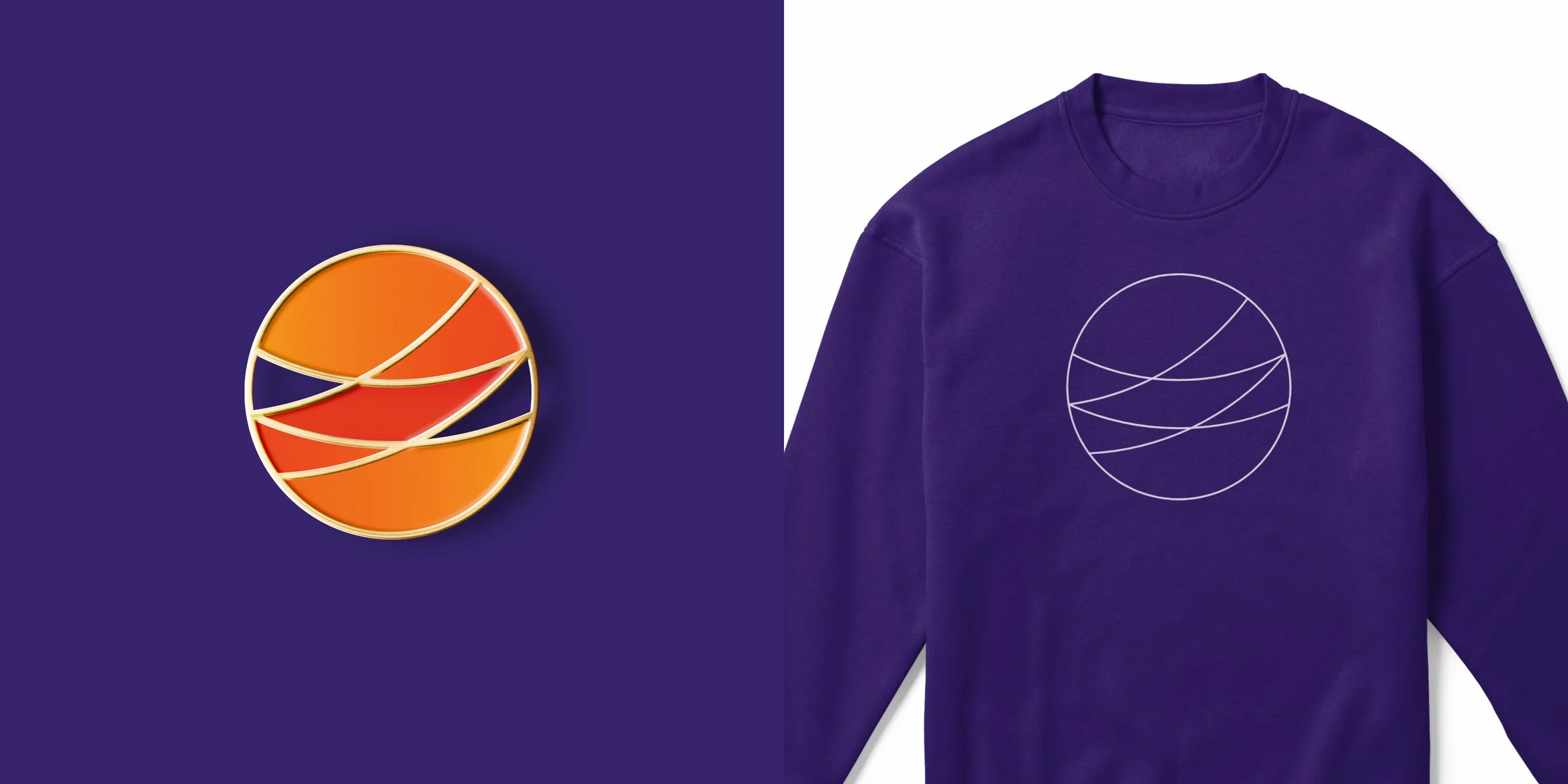 Zesty logo symbol applied to an enamel pin and purple sweatshirt