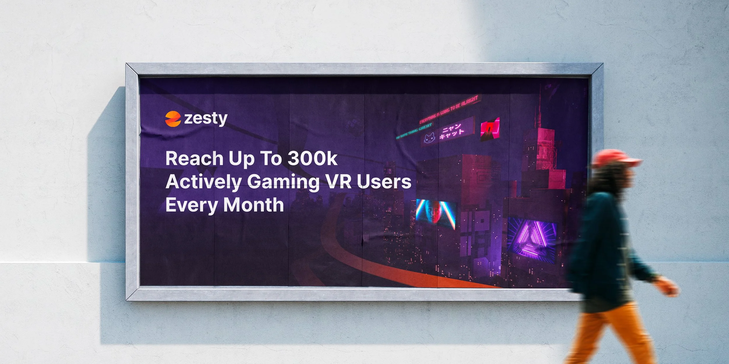 Zesty metaverse advertising billboard mockup featuring the logo and brand identity