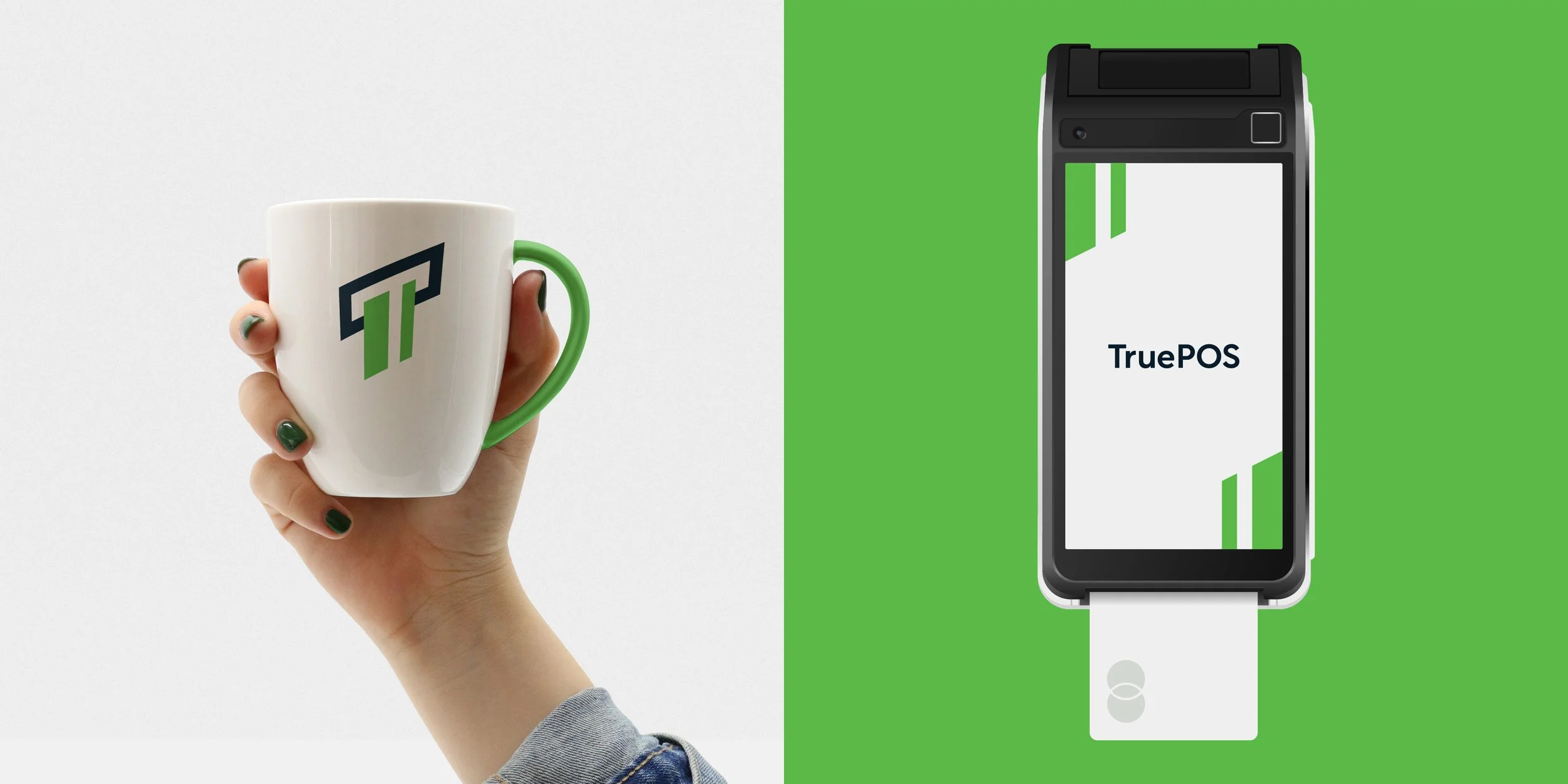 True POS branding applied to a coffee mug and card payment terminal