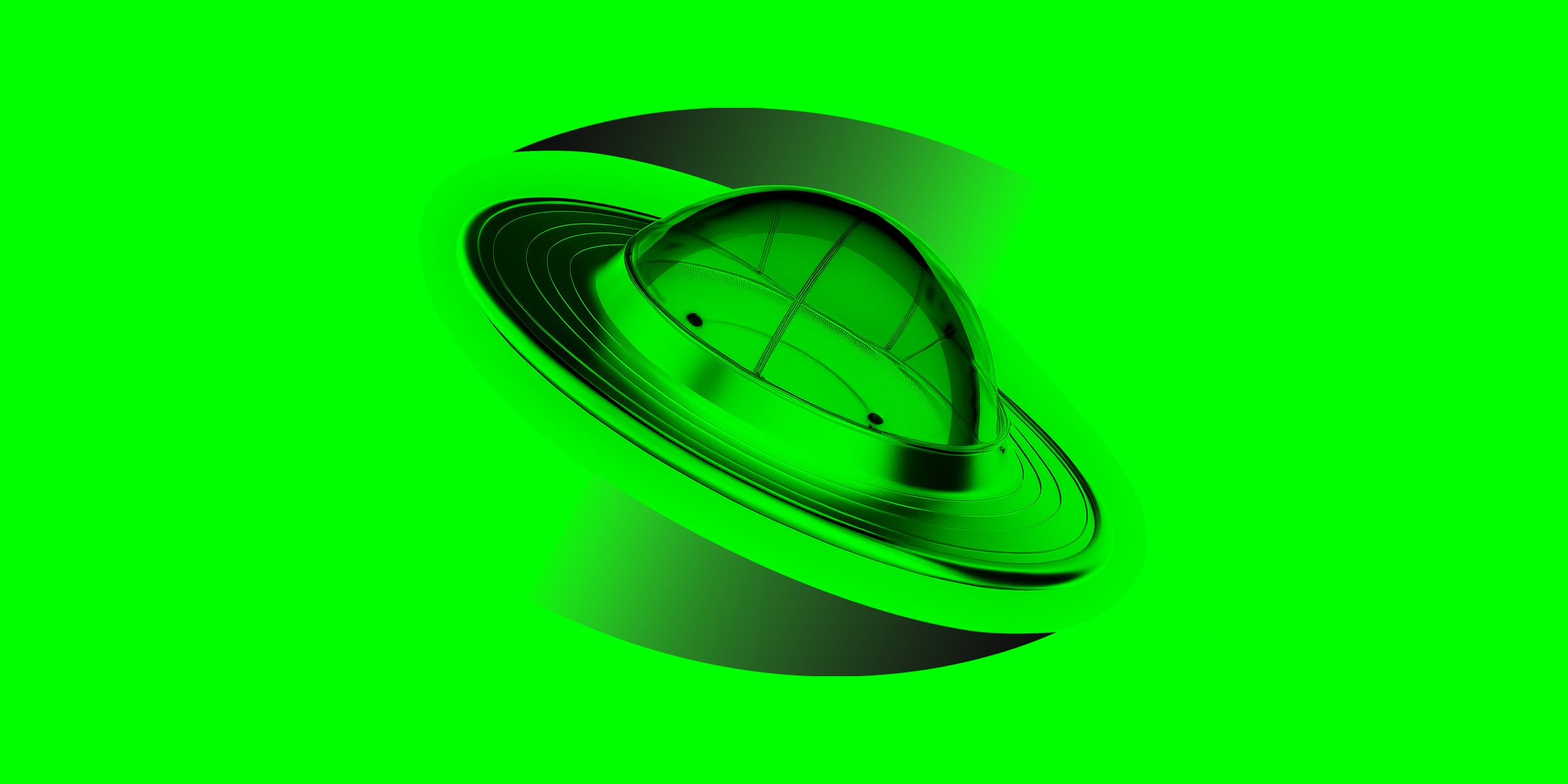 SaucerSwap flying saucer logo concept rendered in 3D on a green background