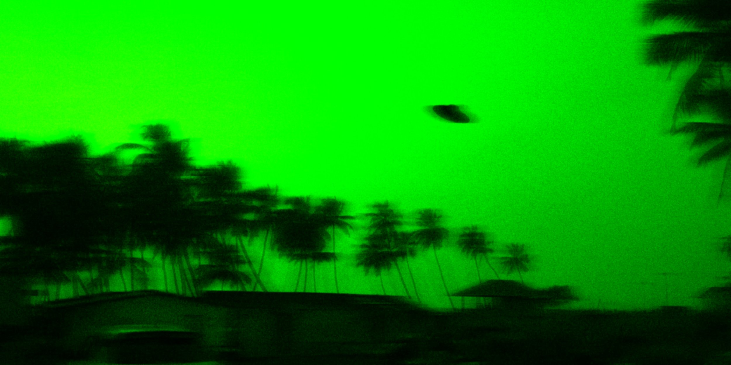 Flying saucer hovering above palm trees in a green-tinted SaucerSwap brand visual