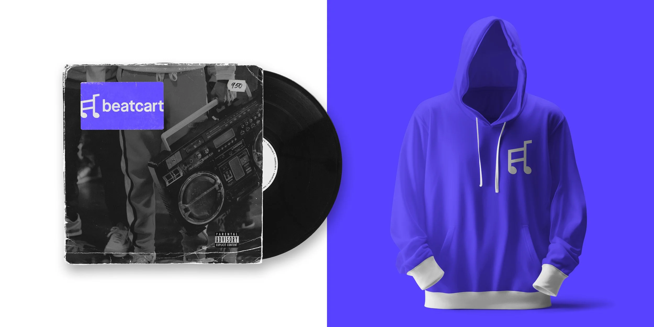 Beatcart logo applied to a vinyl record cover and purple hoodie