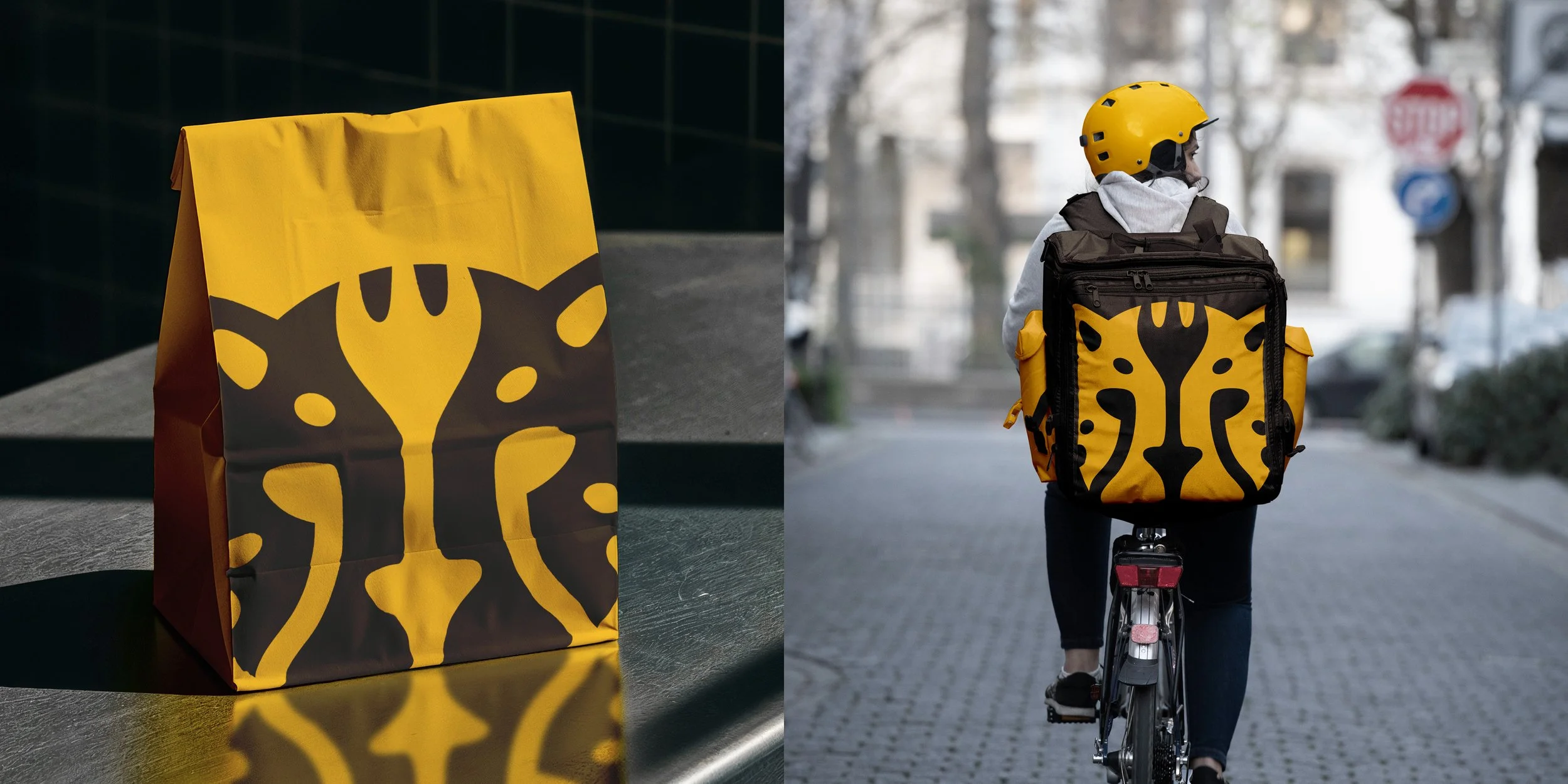 Fastfood branding applied to a takeaway bag and a bicycle courier’s delivery backpack.
