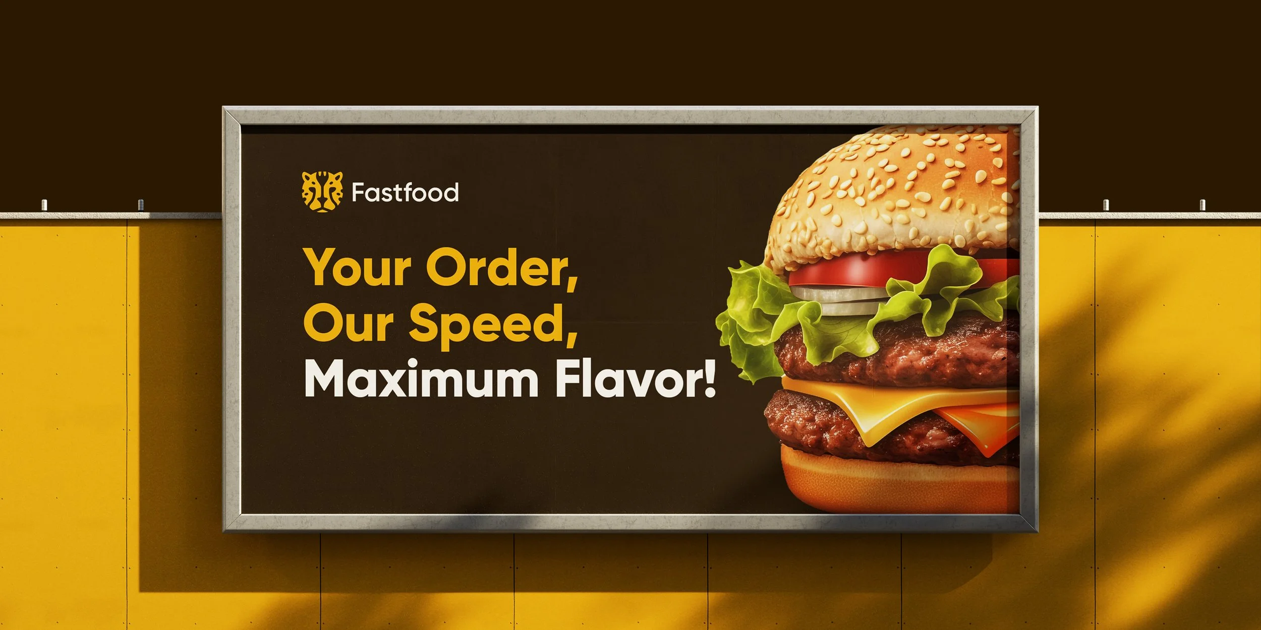 Fastfood billboard featuring the cheetah logo, a burger, and the message “Your Order, Our Speed, Maximum Flavor!”