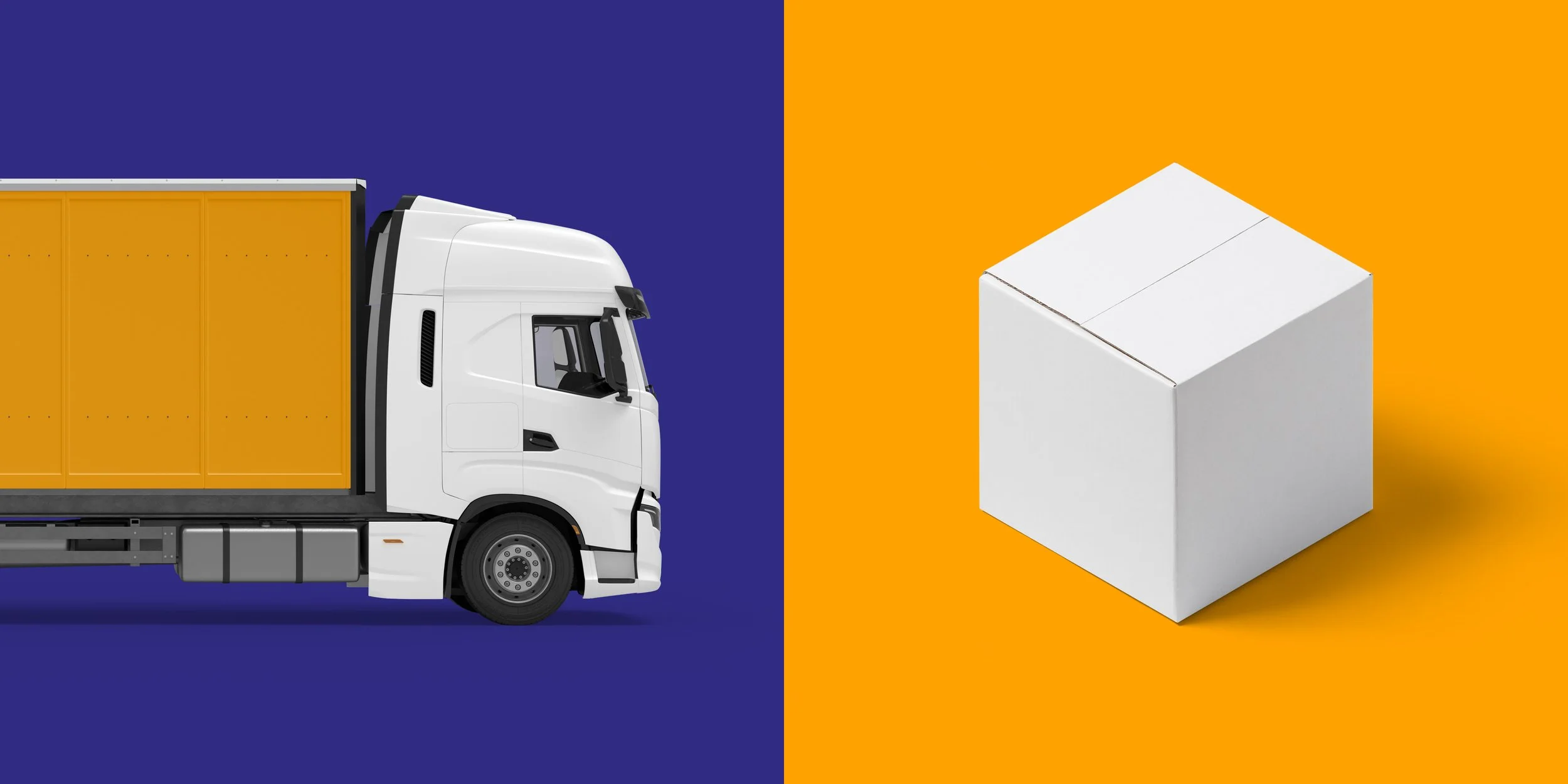 Visual inspiration for the Transinoo logo showing a moving truck and a cardboard box in the brand colors.