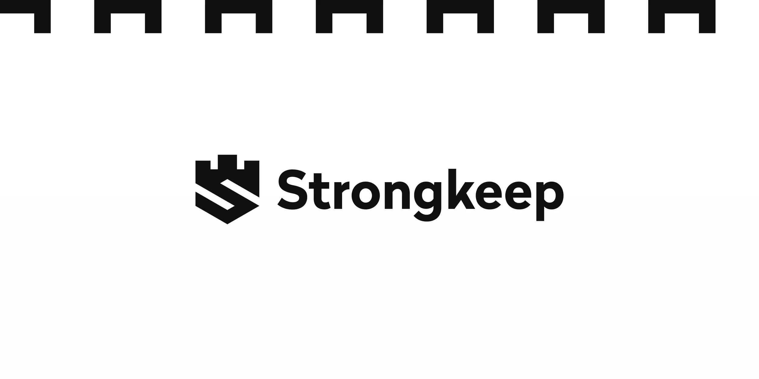 Black Strongkeep logo and wordmark with a repeating fortress battlement pattern