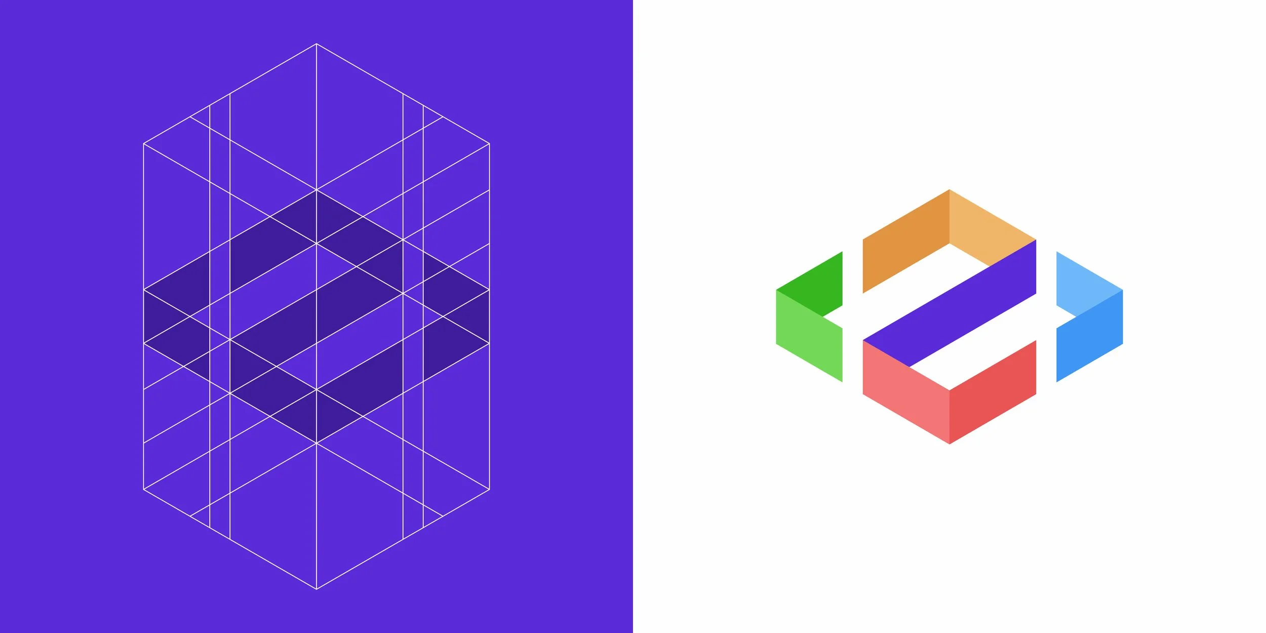 Geometric construction grid for the Code2 logo beside the final colorful symbol