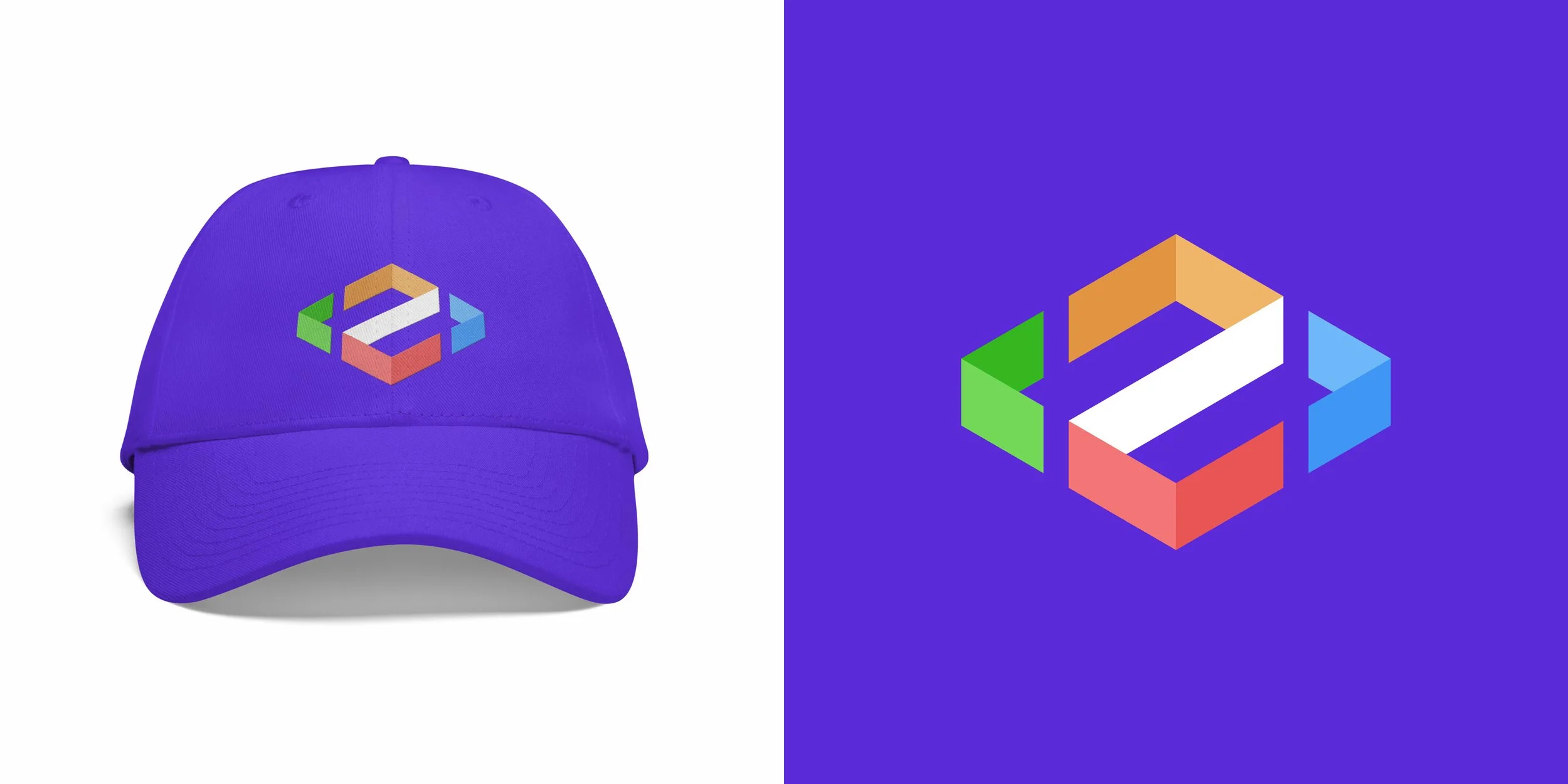 Code2 symbol applied to a purple cap beside the standalone logo mark