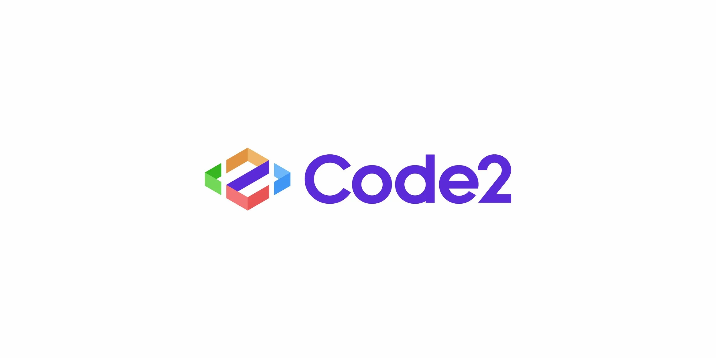 Colorful Code2 symbol and purple wordmark on a white background