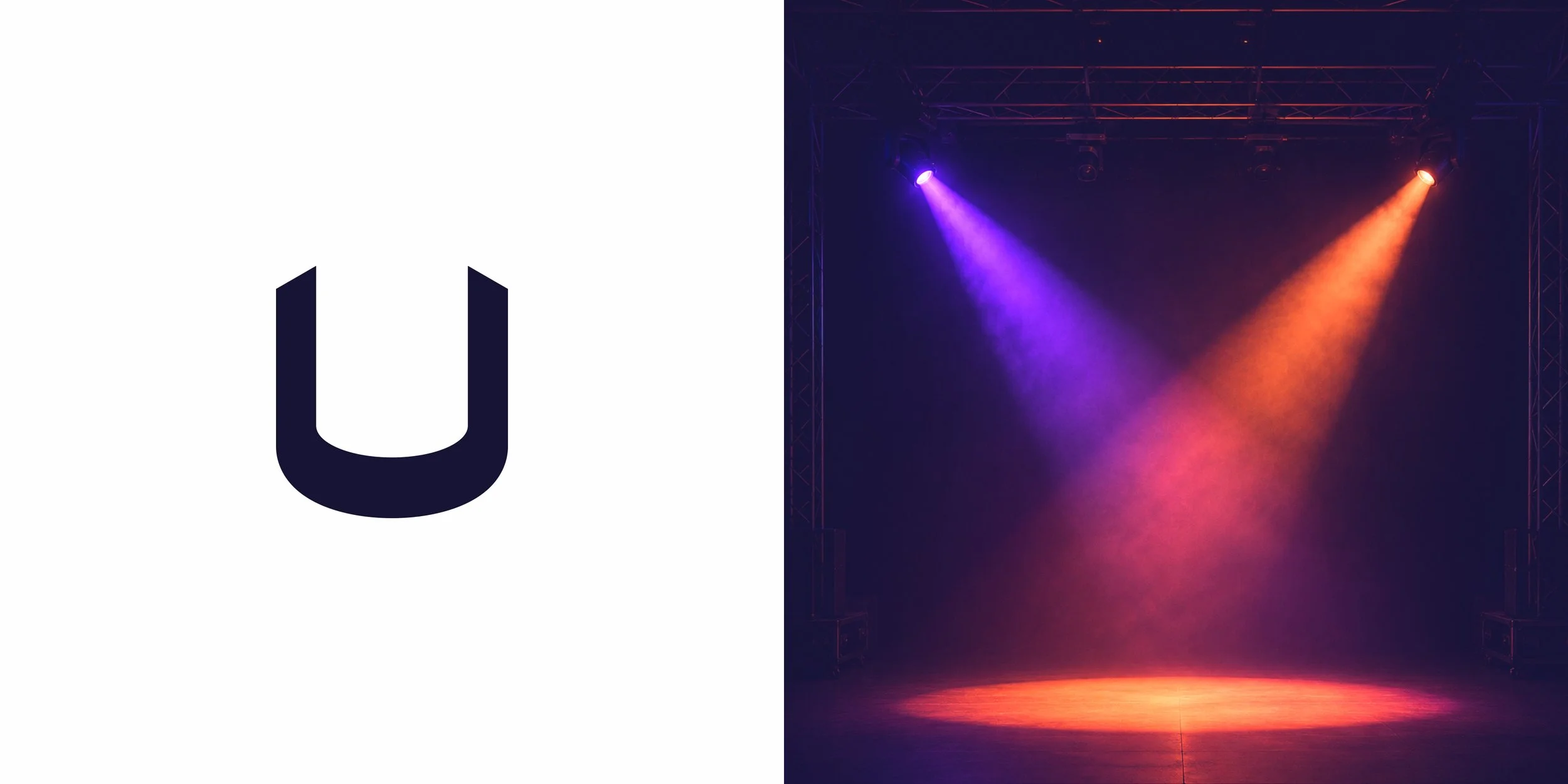 Ulight logo inspiration combining the letter U with purple and orange stage spotlights