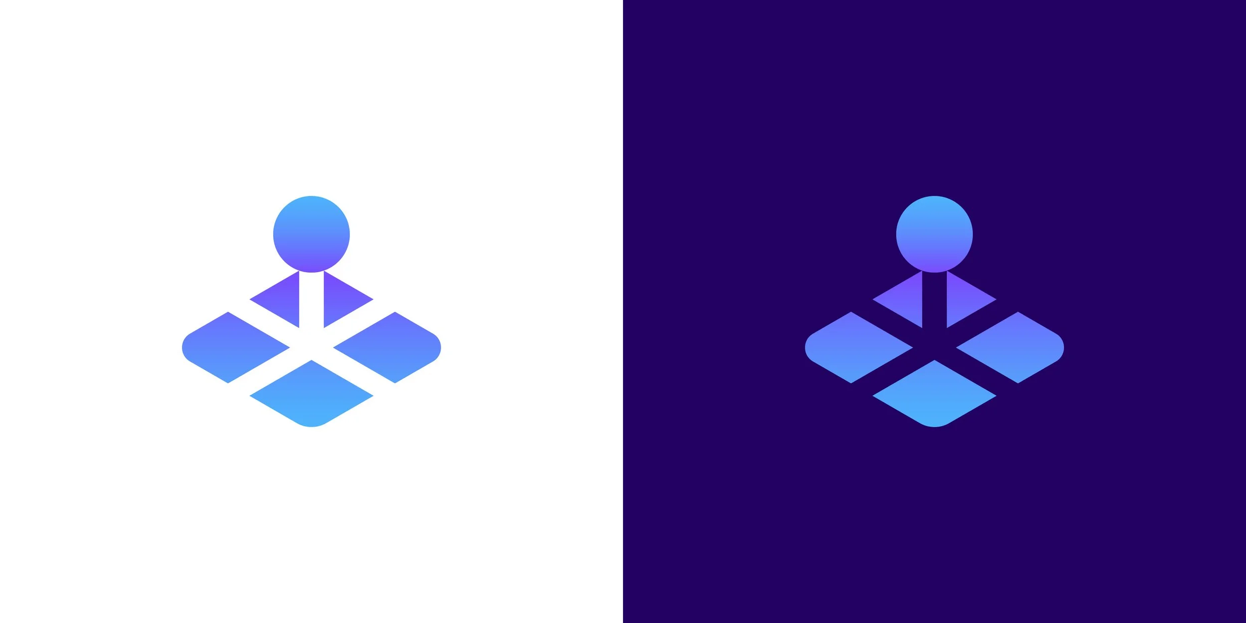 Blue and purple JoyStiX symbol shown on white and dark purple backgrounds