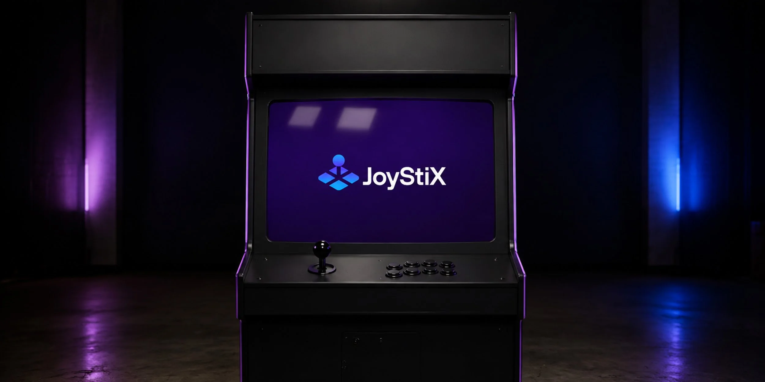JoyStiX logo displayed on the screen of a classic arcade machine