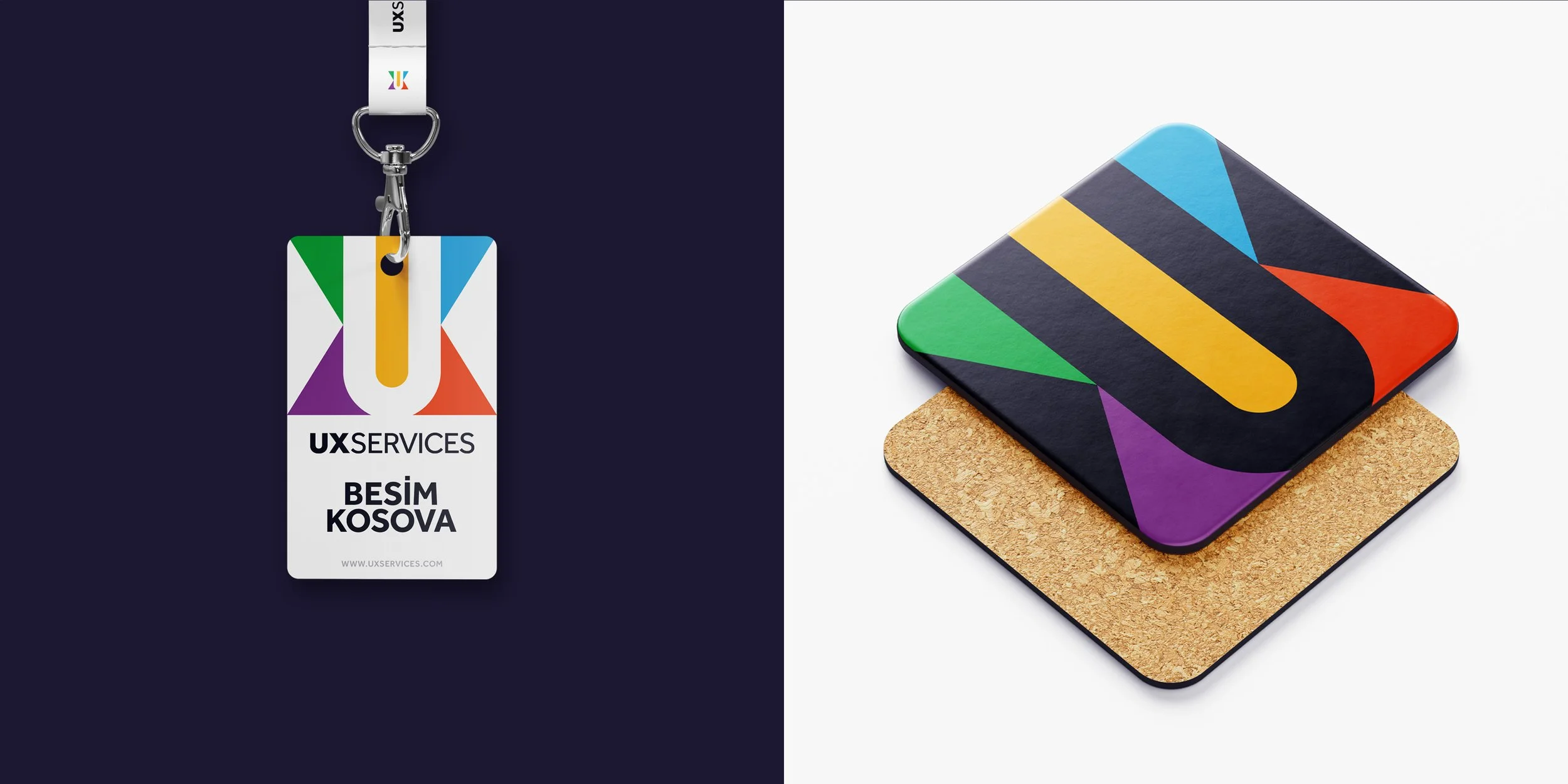 UXservices branding applied to an event badge and a colorful square coaster