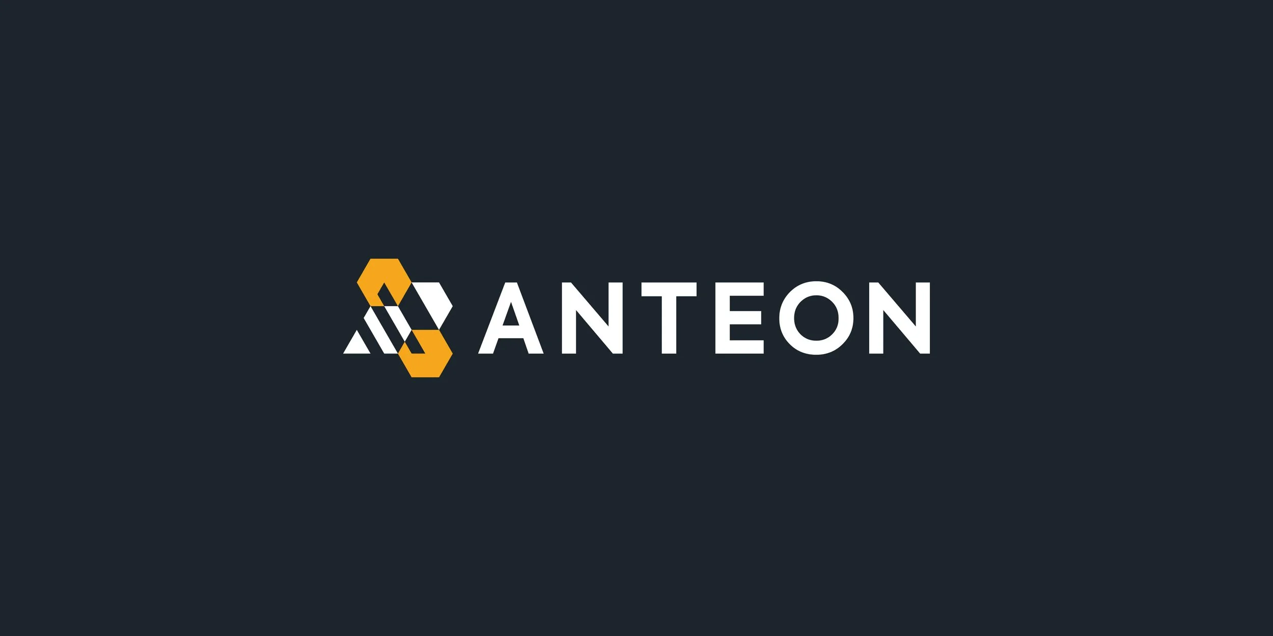 Anteon logo design in orange and white on a dark background