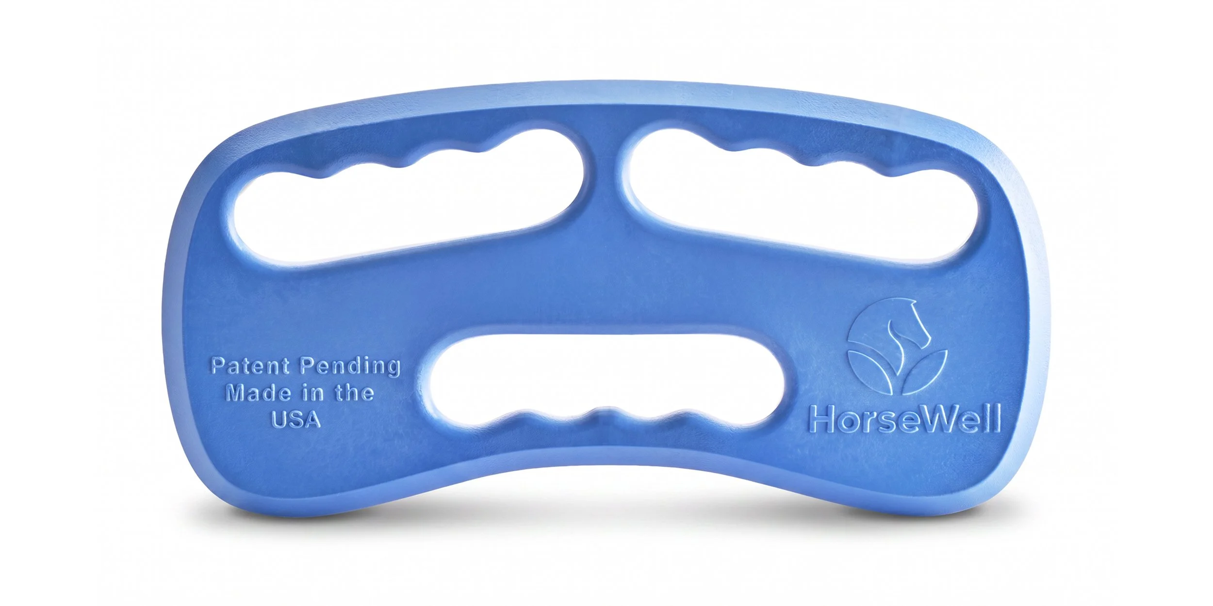 HorseWell logo embossed on a blue equine massage tool