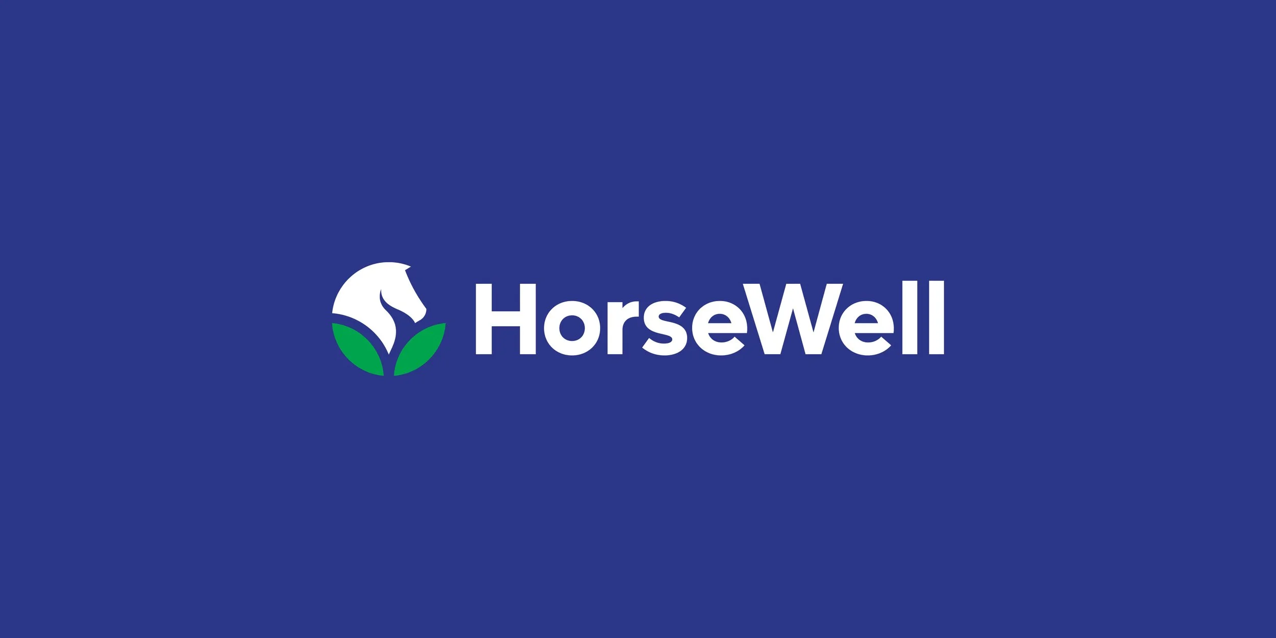 HorseWell logo in white and green on a blue background