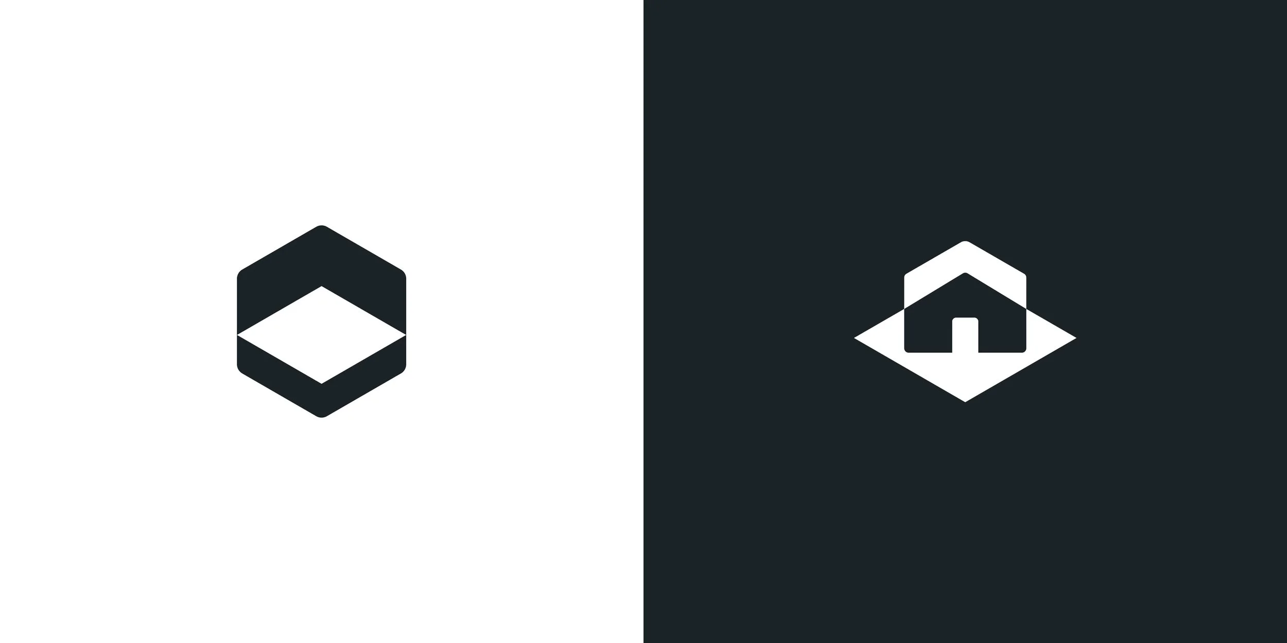 Virtual Staging logo concept showing the open cube, stage, and house through geometric shapes and negative space.