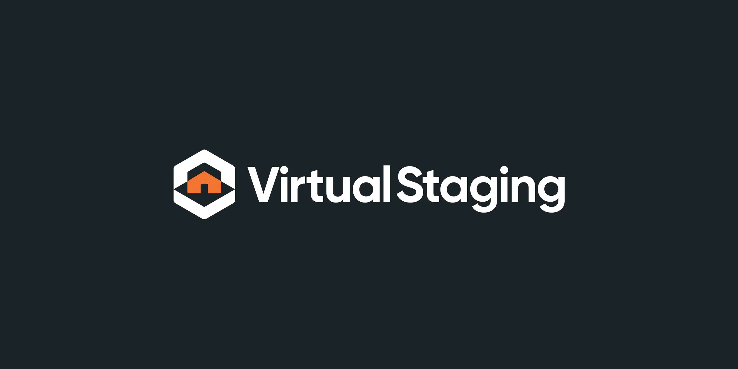 White Virtual Staging wordmark and orange house symbol on a charcoal background.