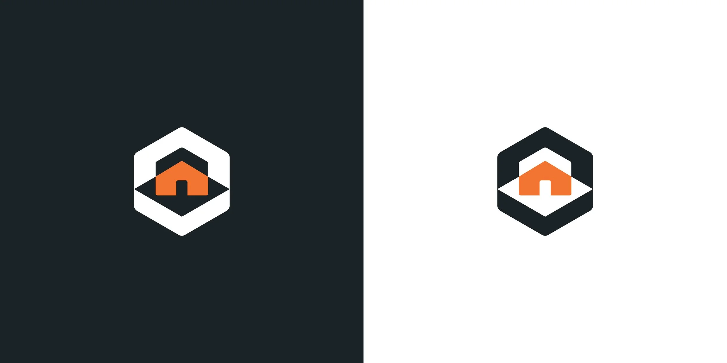 Virtual Staging logo symbol in orange, white, and charcoal on light and dark backgrounds.