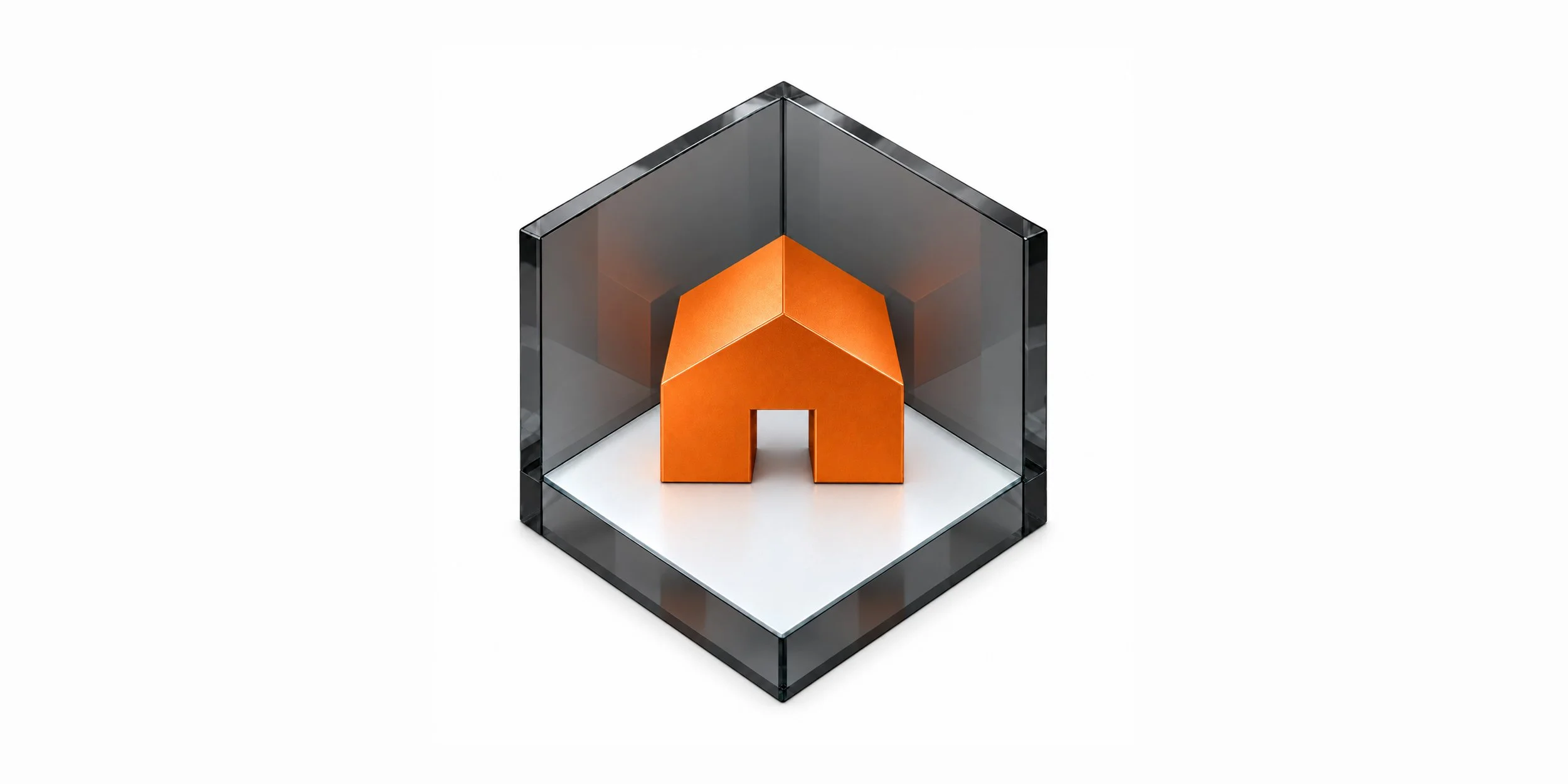 3D visualization of the Virtual Staging logo with an orange metal house on a white stage inside an open glass cube.
