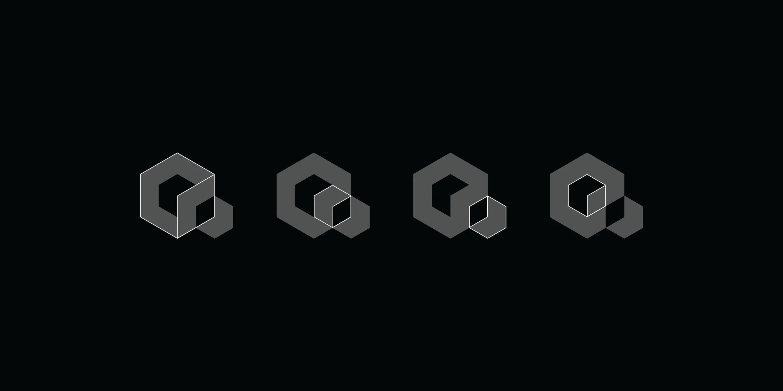Four geometric variations of the Reform Collective logo symbol showing overlapping hexagonal forms.