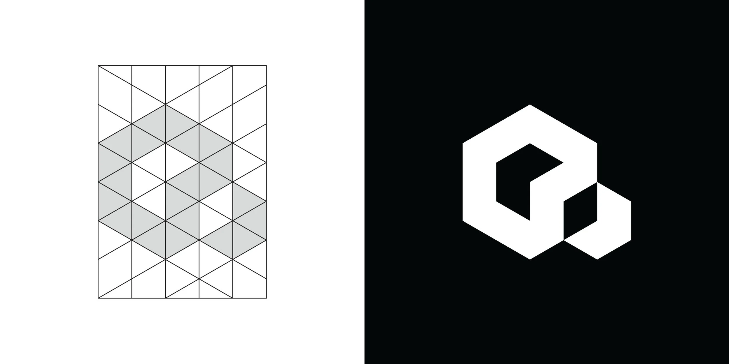 Reform Collective logo construction grid and white geometric symbol presented on a black background.