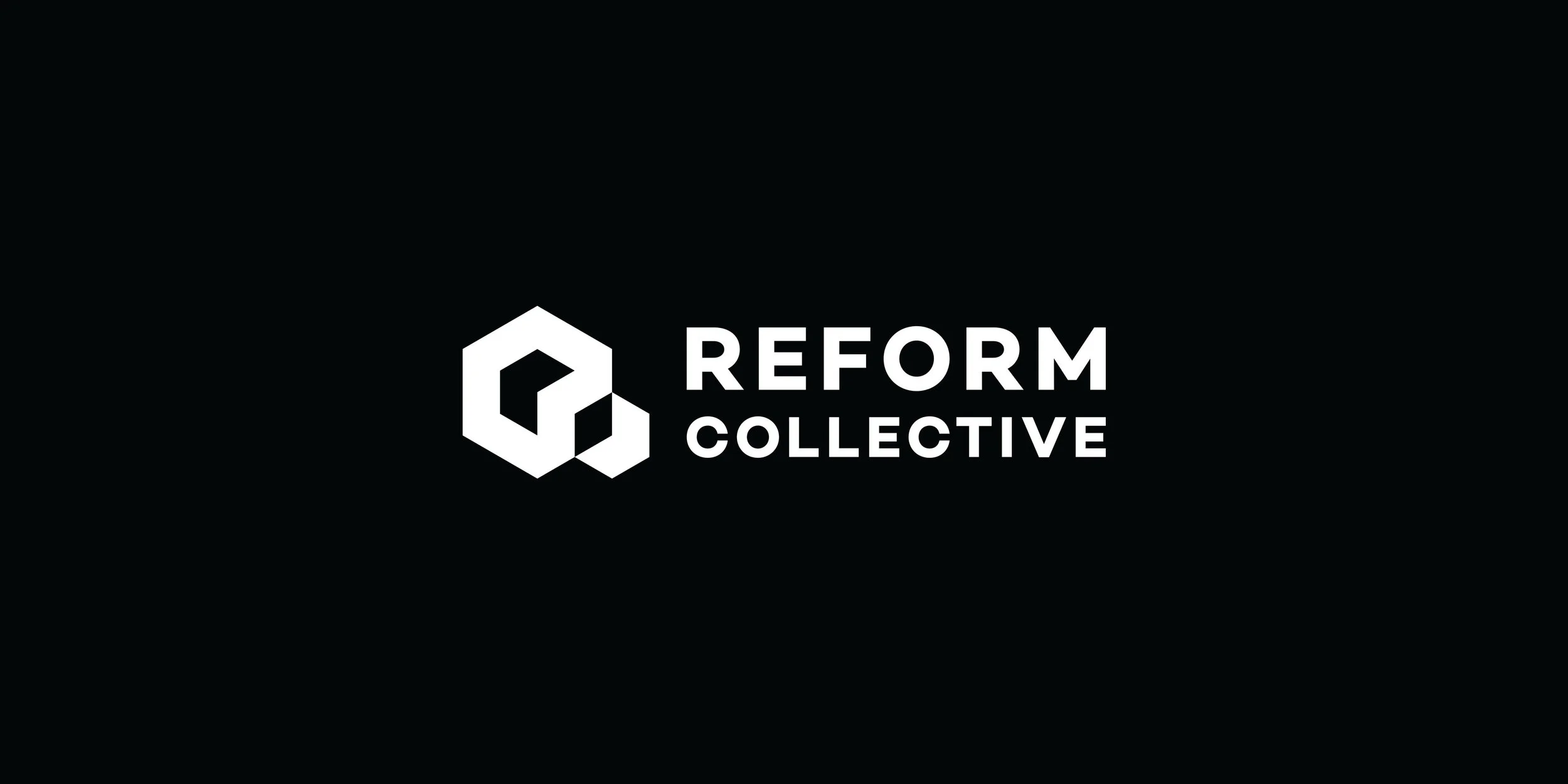 White Reform Collective logo and geometric symbol displayed on a solid black background.