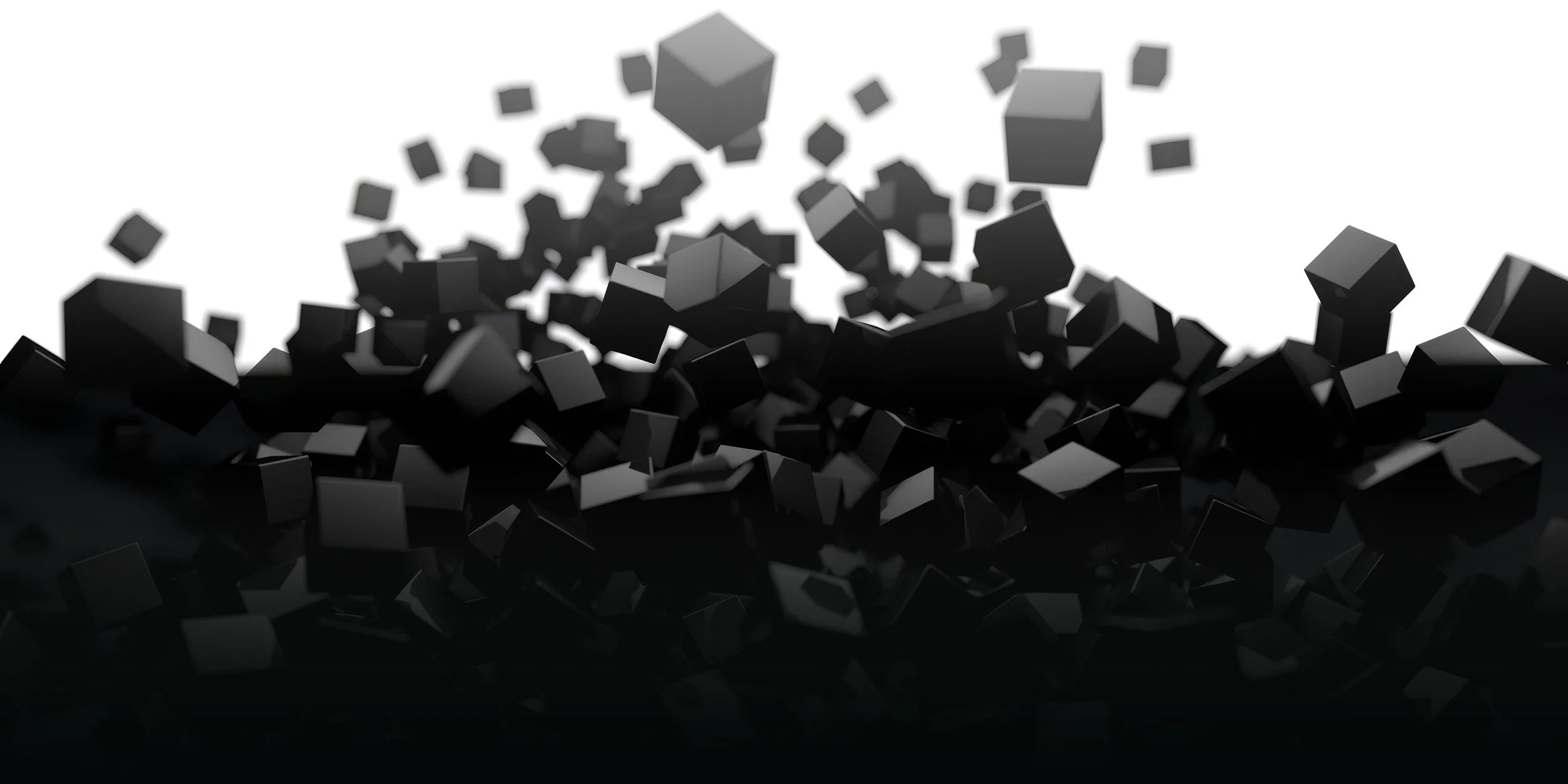 Abstract composition of floating black geometric cubes in the Reform Collective visual identity presentation.