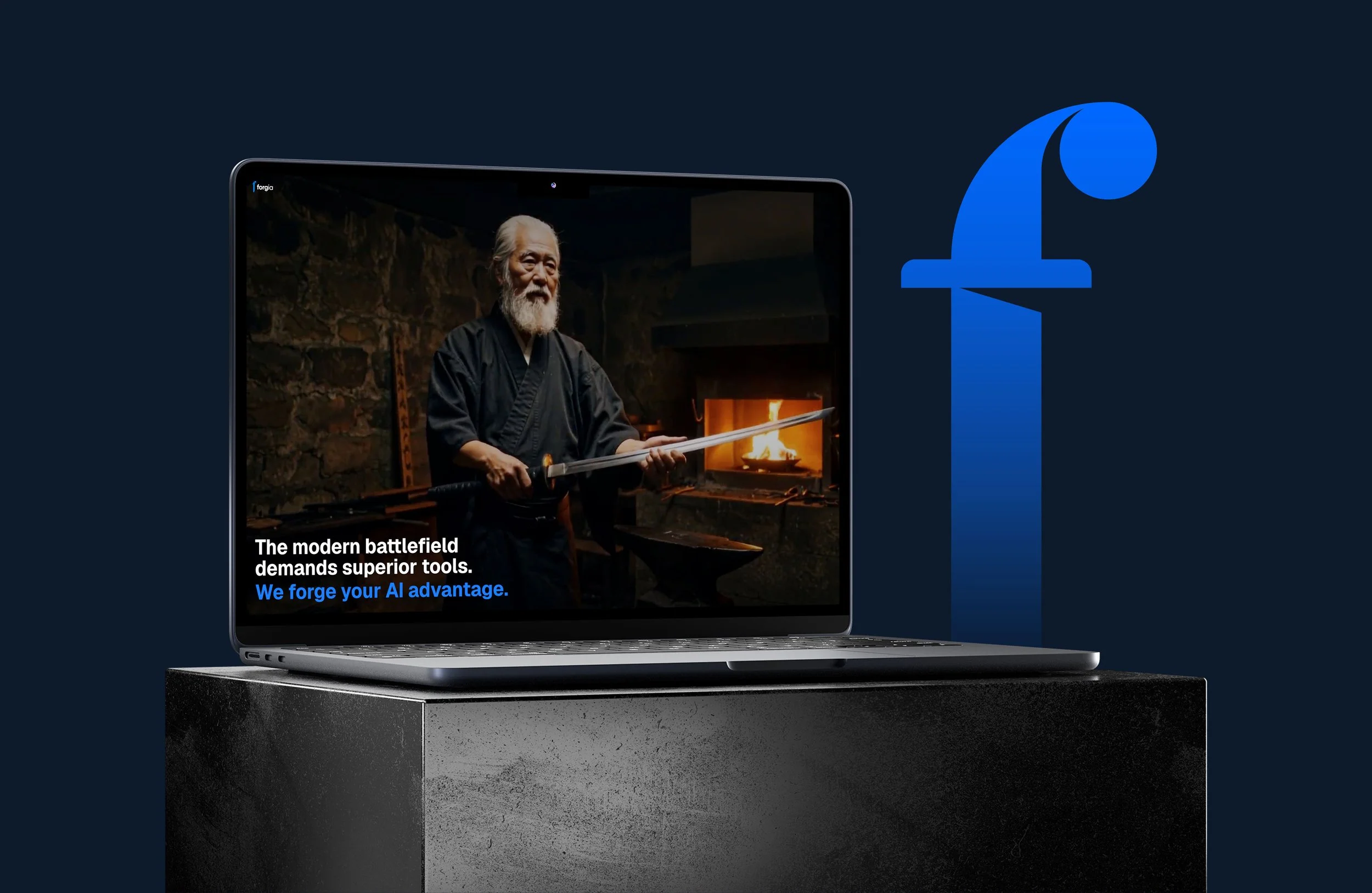 Forgia AI website displayed on a laptop alongside the blue sword-inspired brand symbol.