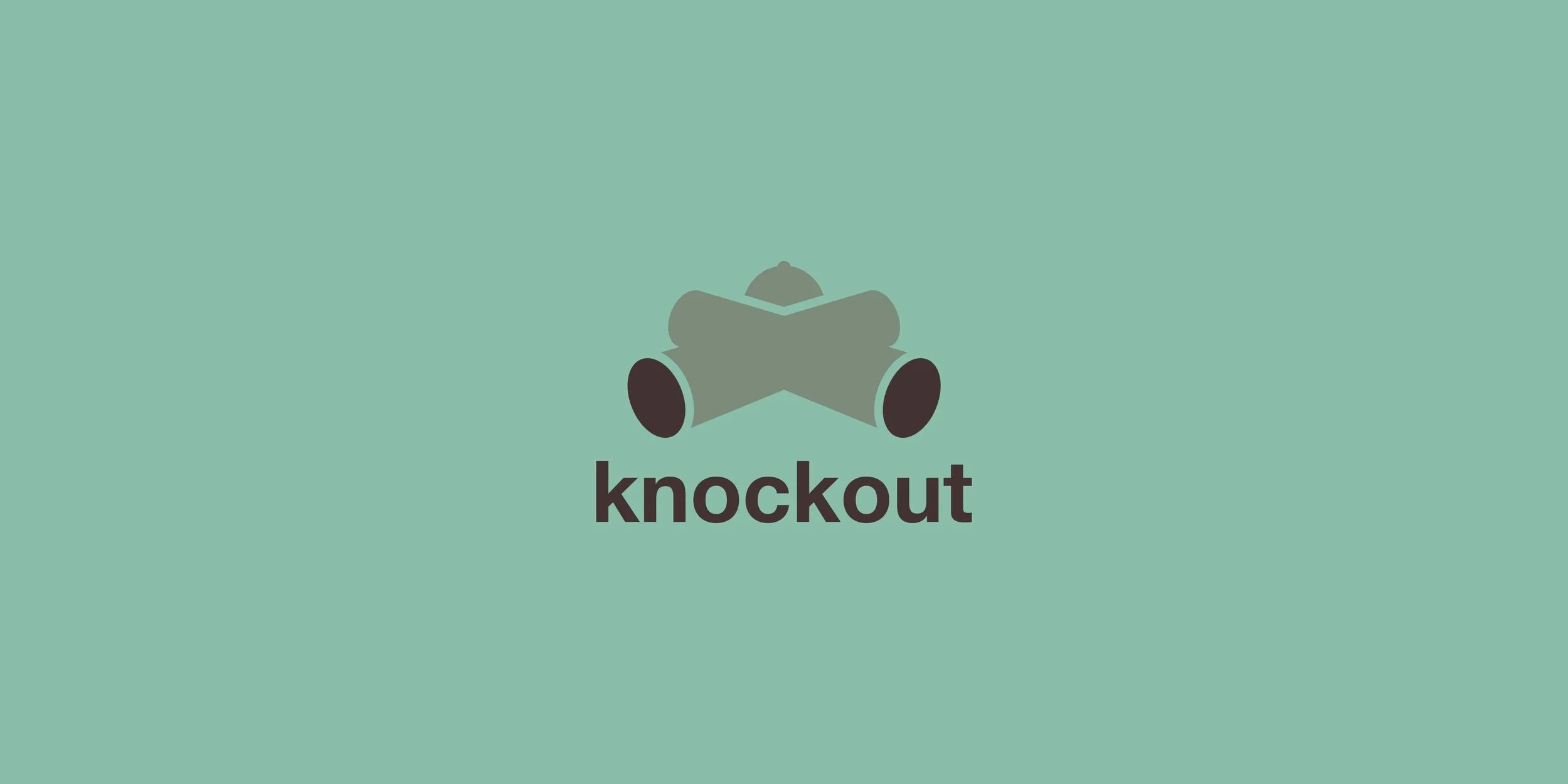 Knockout logo in muted green and dark brown on a mint green background
