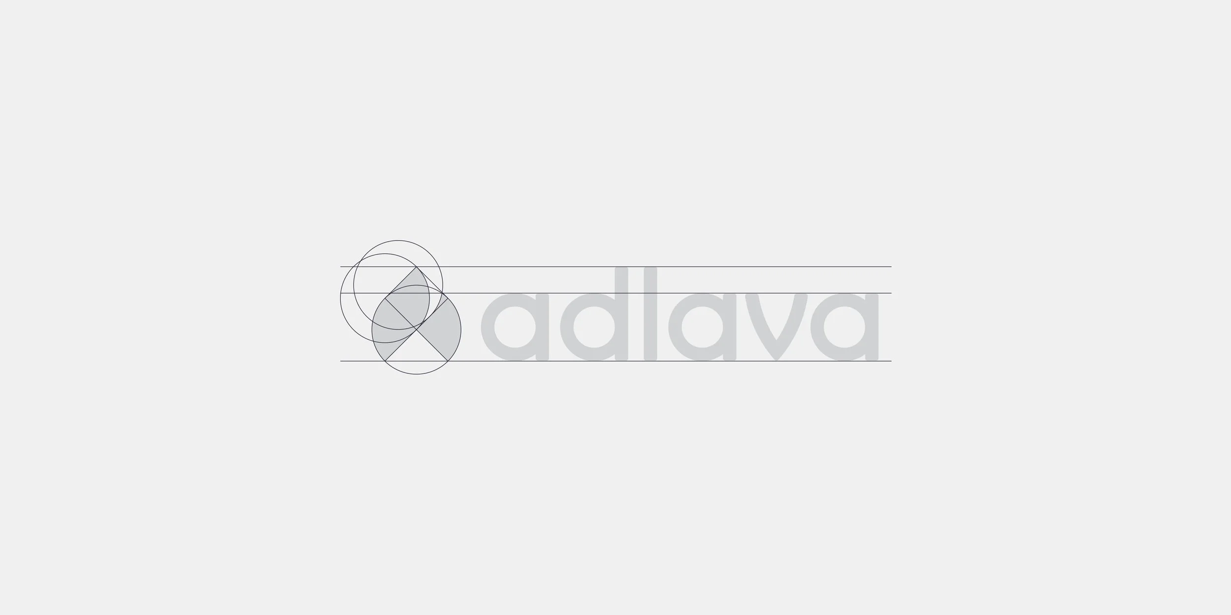 Geometric construction of the Adlava logo showing the symbol proportions, circular guides, and wordmark alignment.