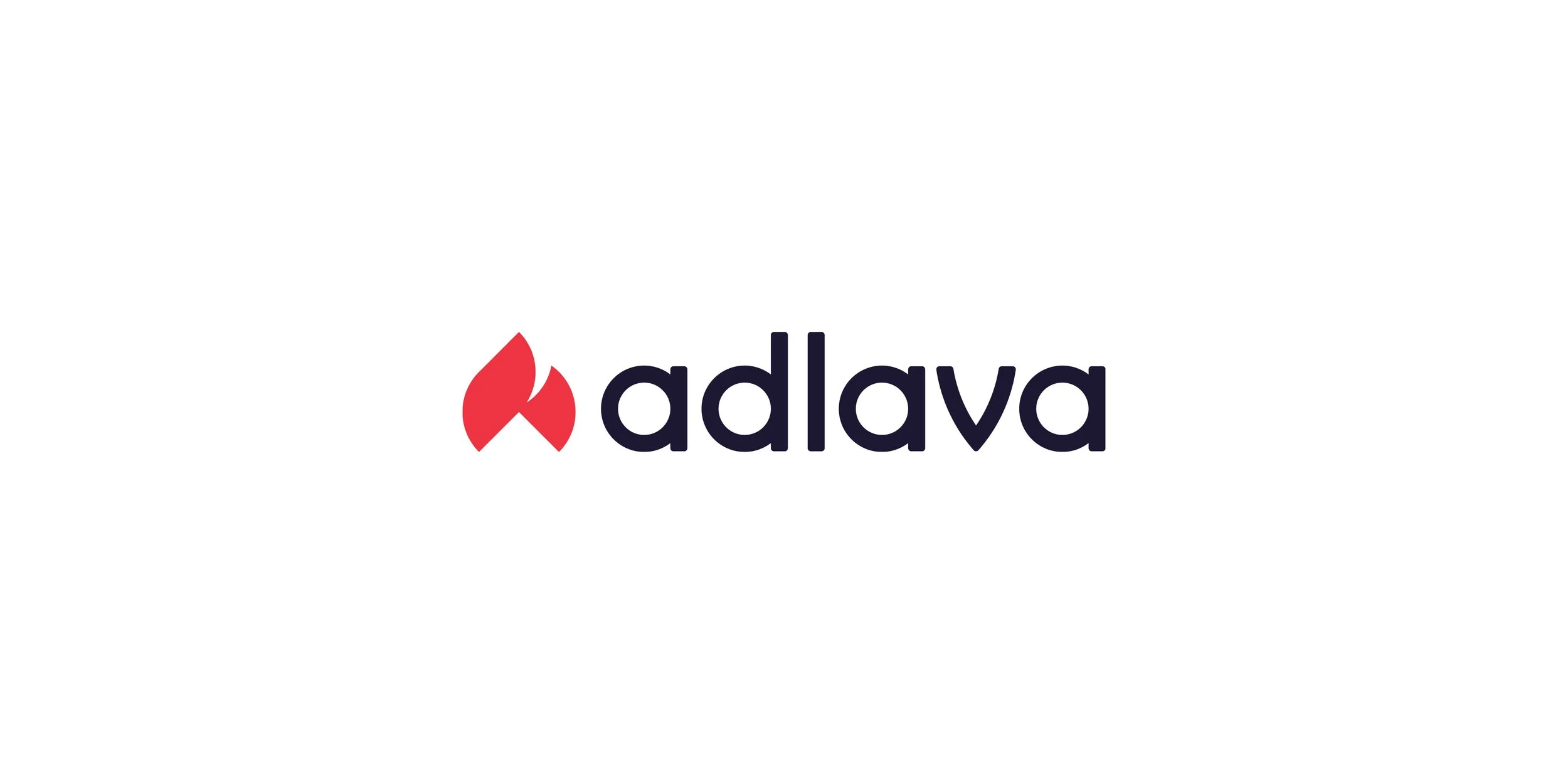 Adlava logo design with a red flame symbol and dark purple lowercase wordmark on a white background.