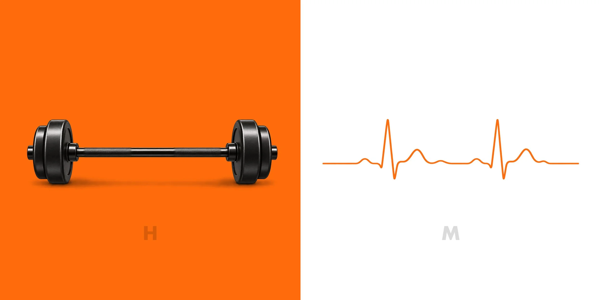 Barbell representing the letter H and orange ECG waveform representing the letter M in the Huba Method logo concept.