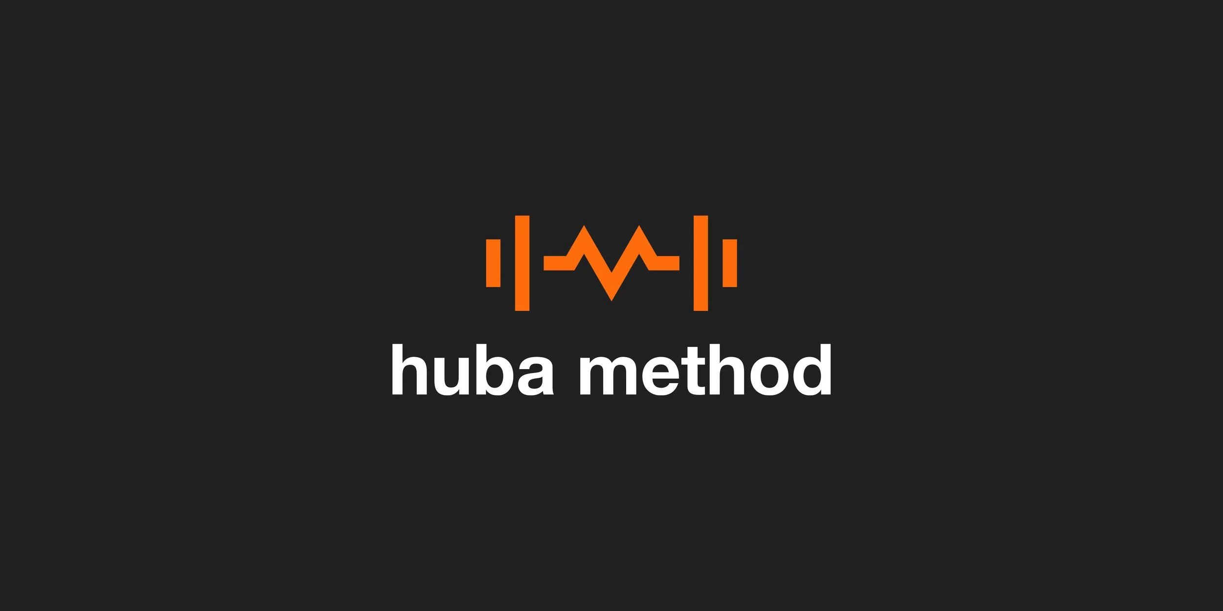 Huba Method fitness logo featuring an orange barbell and heartbeat symbol with a white wordmark on a dark background.
