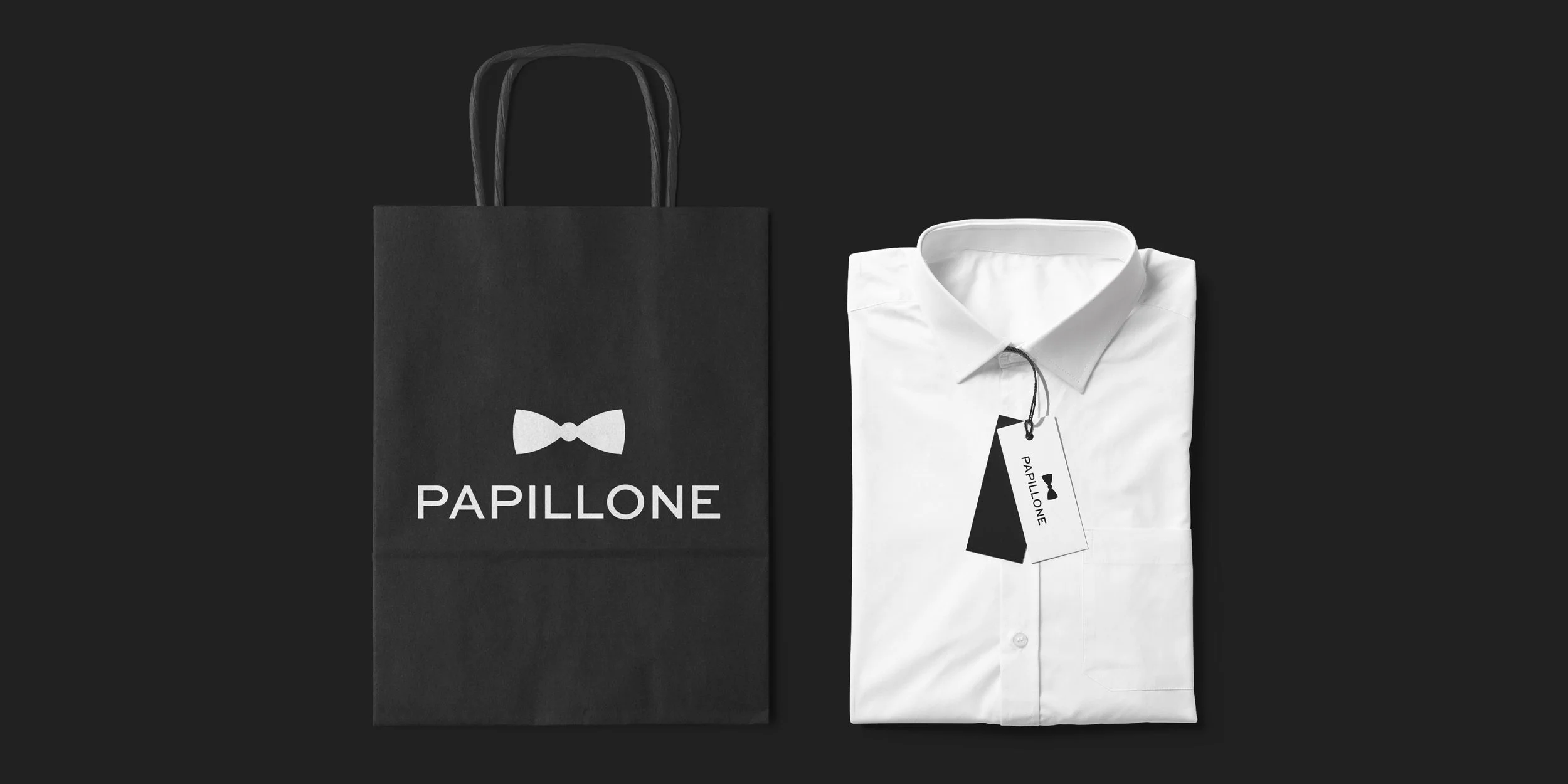 Papillone brand identity on a shopping bag and clothing tags