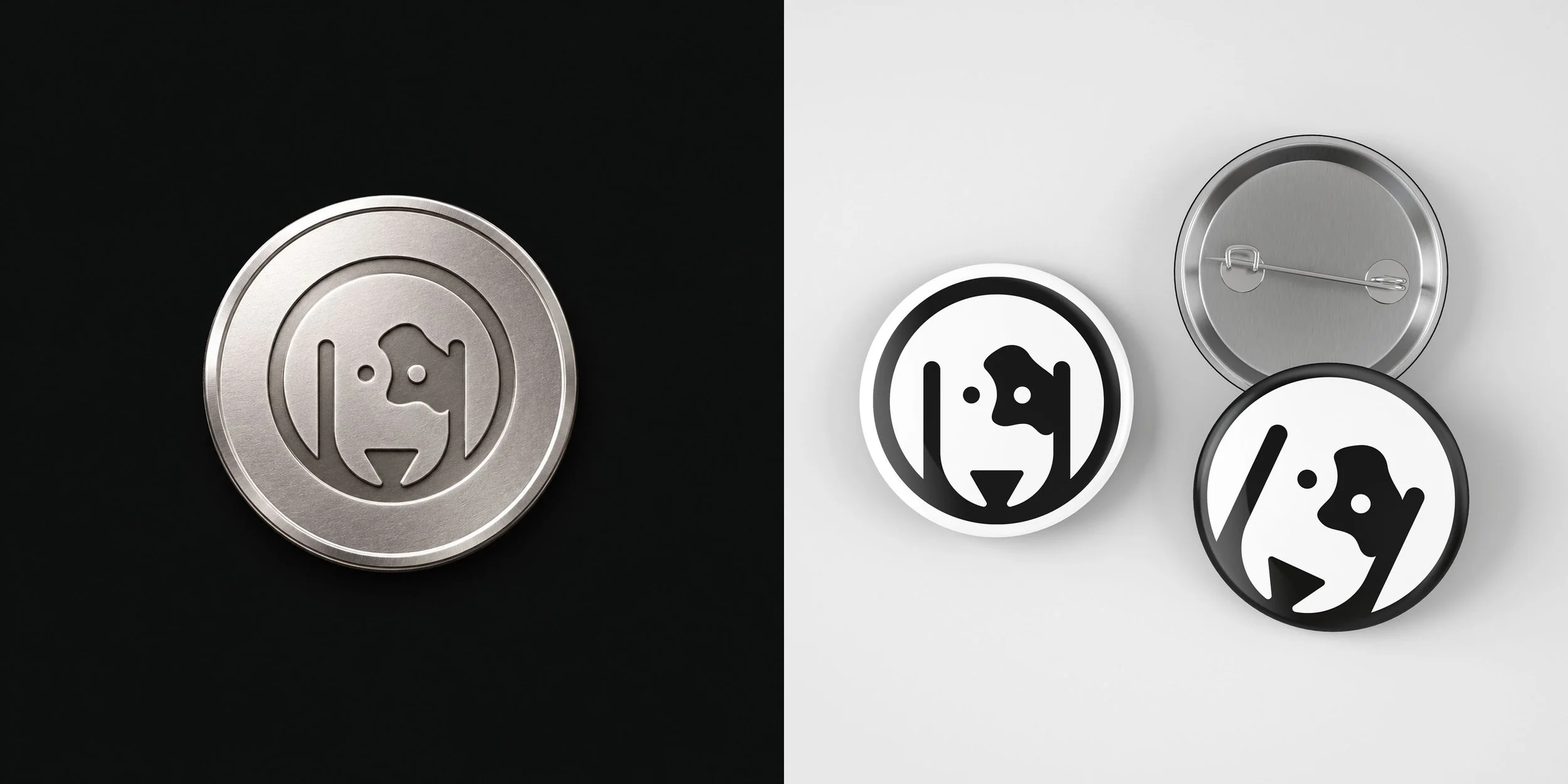 Spot logo applied to an embossed silver coin and circular branded pins, showcasing the symbol in physical applications.