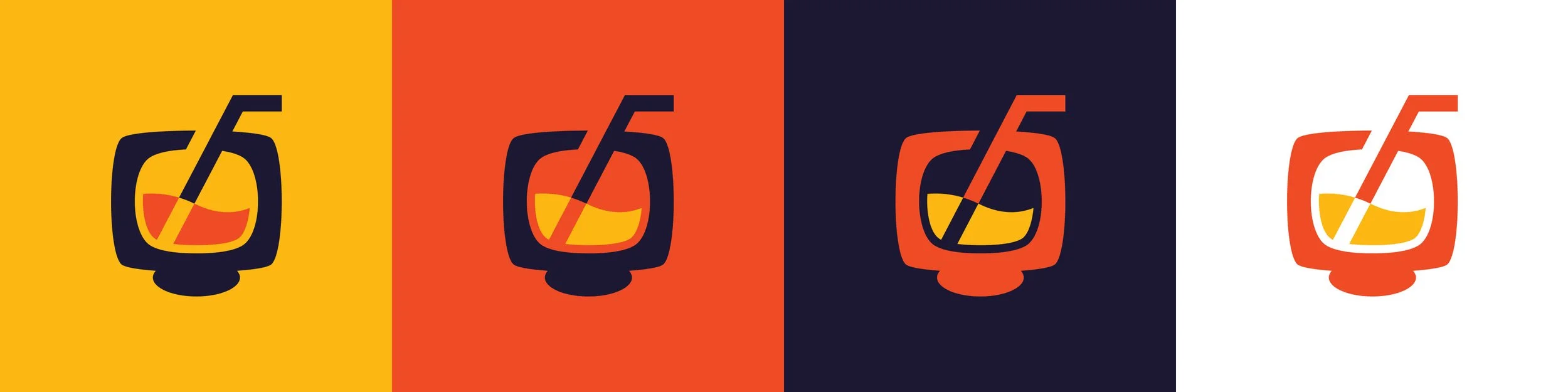 Four color variations of the Tvunk logo symbol displayed on yellow, orange, dark purple, and white backgrounds.