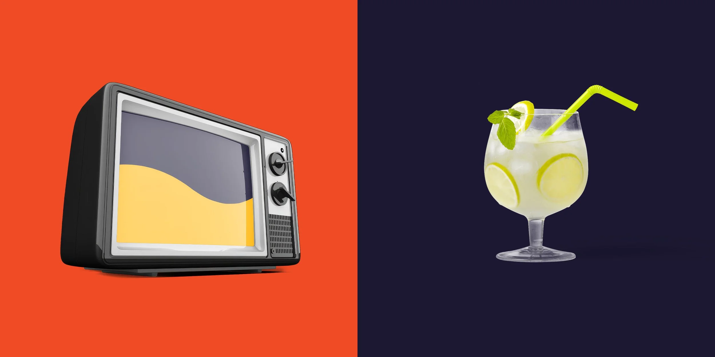 Retro television and cocktail imagery illustrating the creative concept behind the Tvunk logo design.