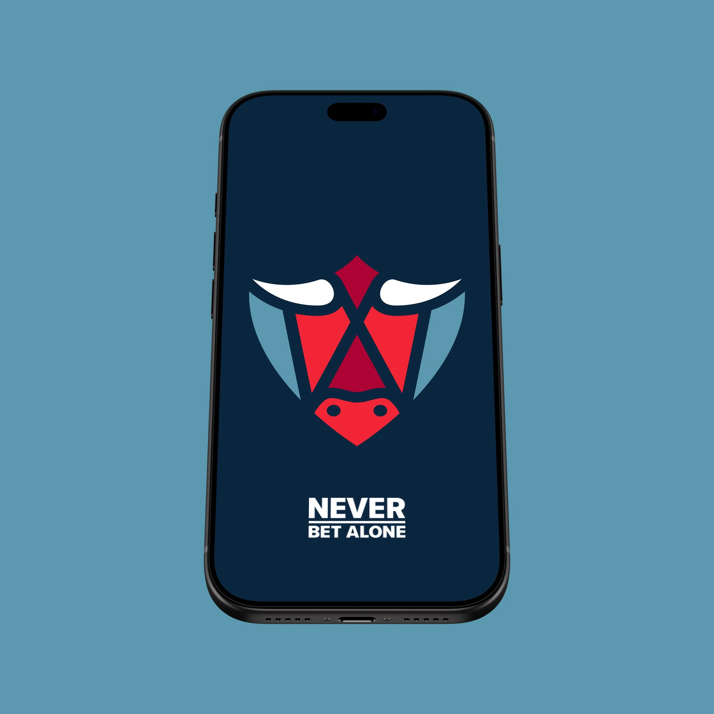 BetBull bull head logo displayed on a smartphone screen with the slogan Never Bet Alone.