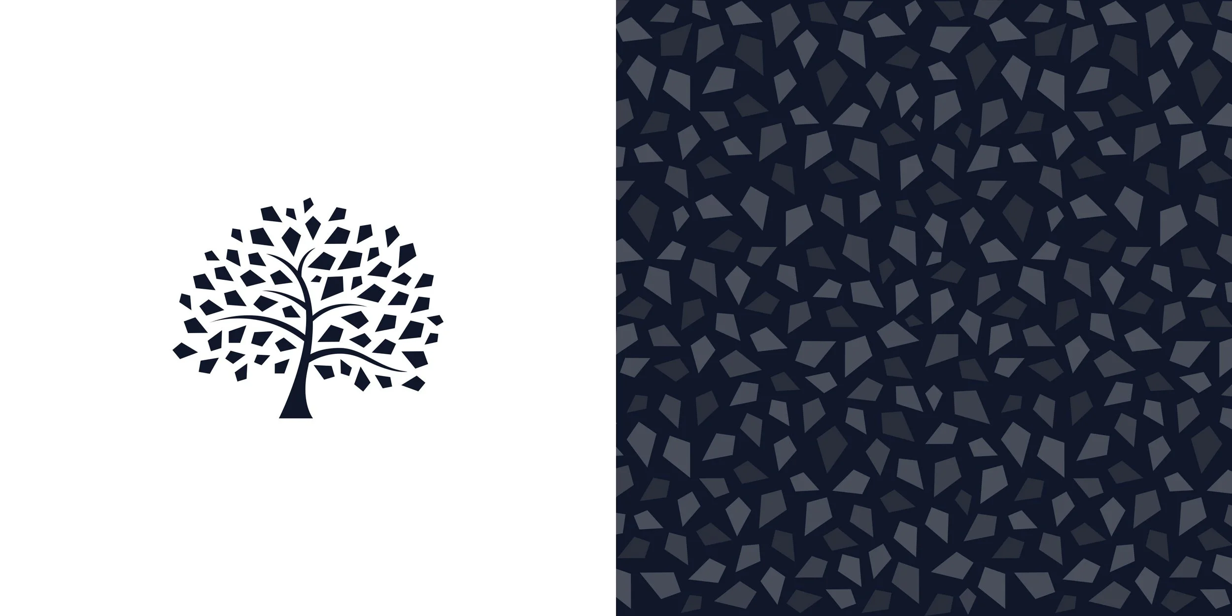 Flying Kites geometric tree logo symbol in dark navy, presented alongside a repeating pattern inspired by its kite-shaped leaves.